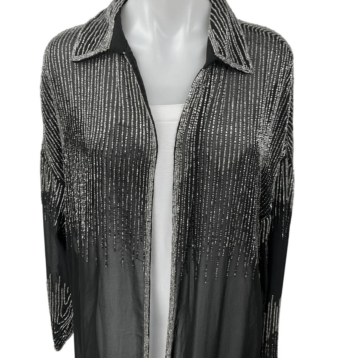 Nasty Gal Black Beaded Sheer See Through Open Front Long Sleeve Shirt Top Size 4 - Image 3