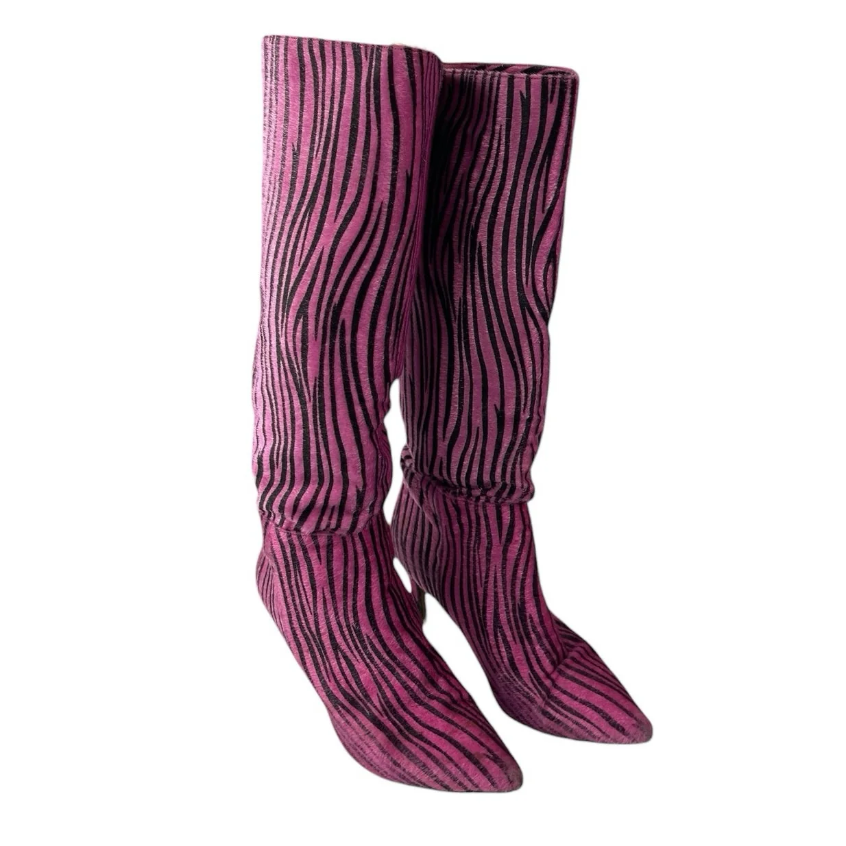 Nasty Gal Black Pink Zebra Animal Print Faux Fur Pointed Toe Knee High Boots 8 - Image 5