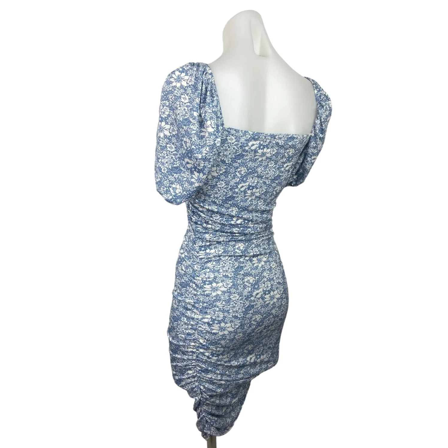 Nasty Gal Blue Floral Print Square Neck Puff Sleeve Ruched Bodycon Mini Dress 8 - Image 2