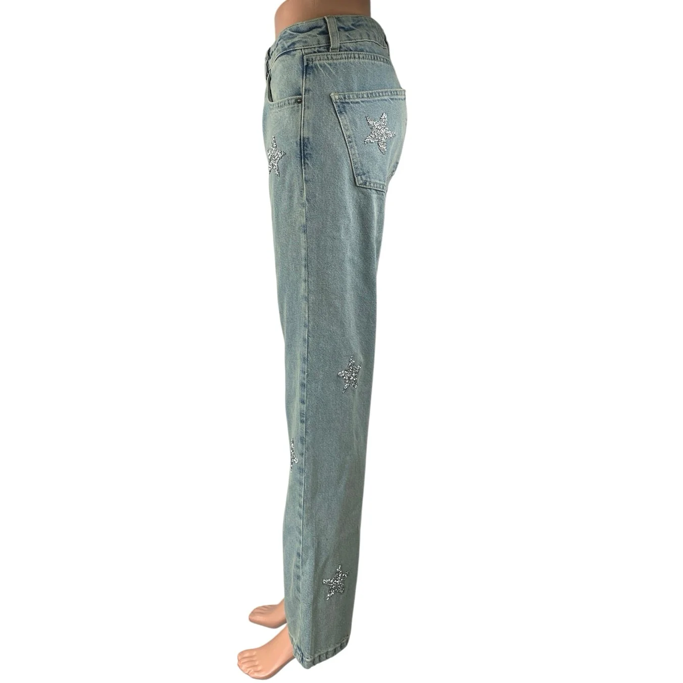 Nasty Gal Women's Blue Embellished Star Print Straight High Rise Denim Jeans 4 - Image 2