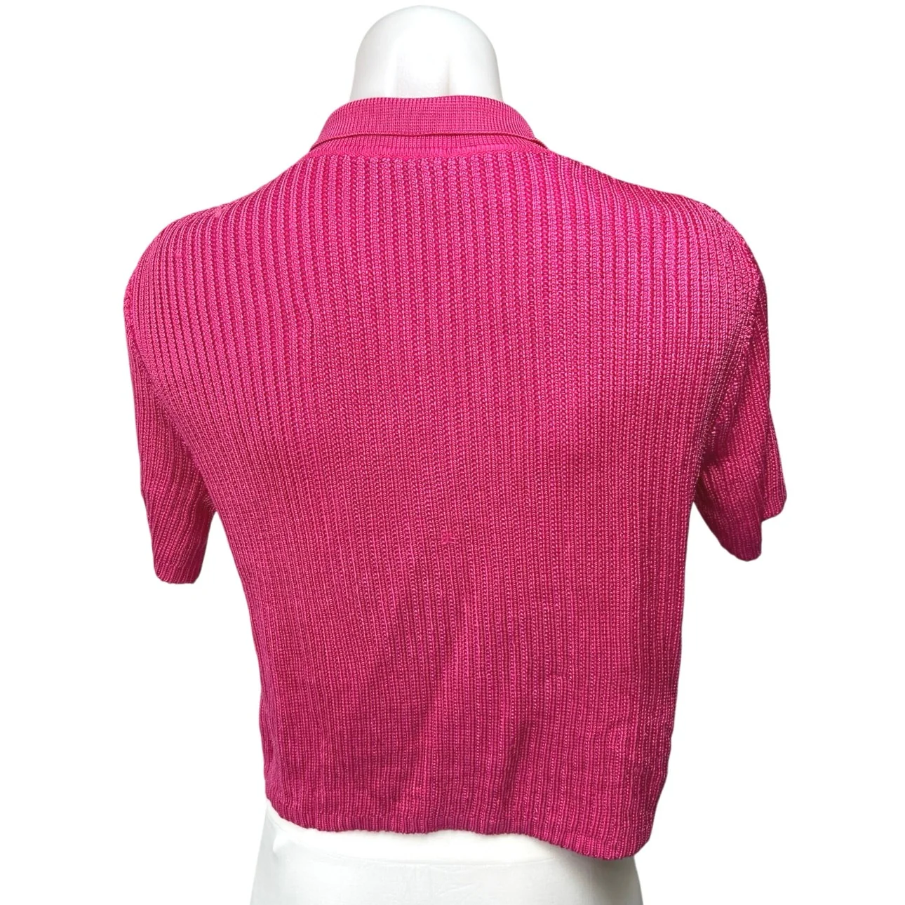 Nati Vozza Pink Ribbed Button Down Short Sleeve Collar Crop Polo Sweater Top M - Image 2