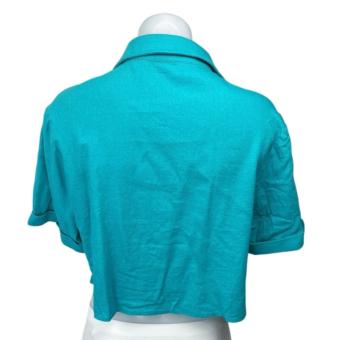Nativozza La Rouge Blue Linen Collared Cropped Button Down Shirt Top Size M - Image 2