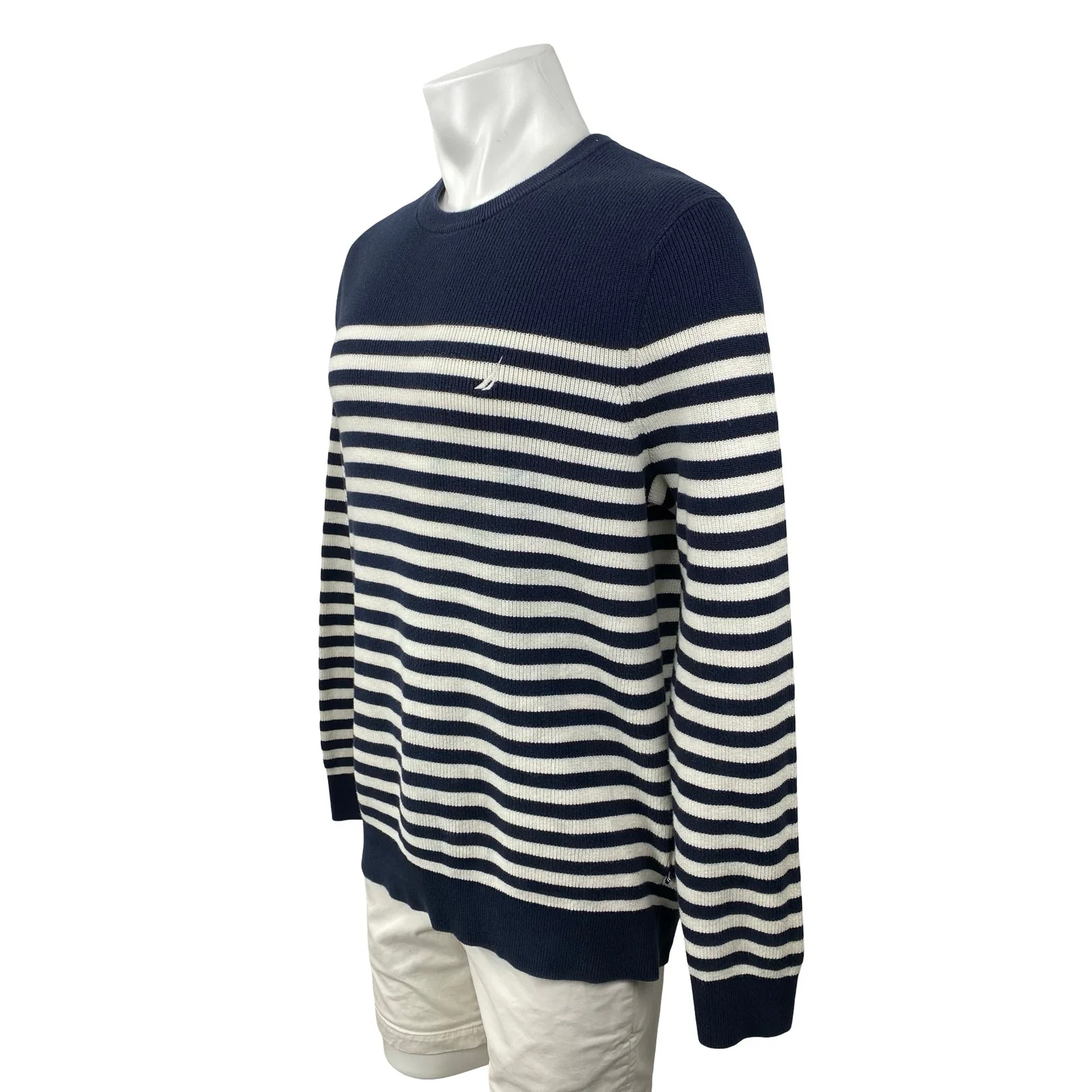 Nautica Men's Navy Blue Striped Logo Crew Neck Long Sleeve Knit Sweater Top L - Image 2