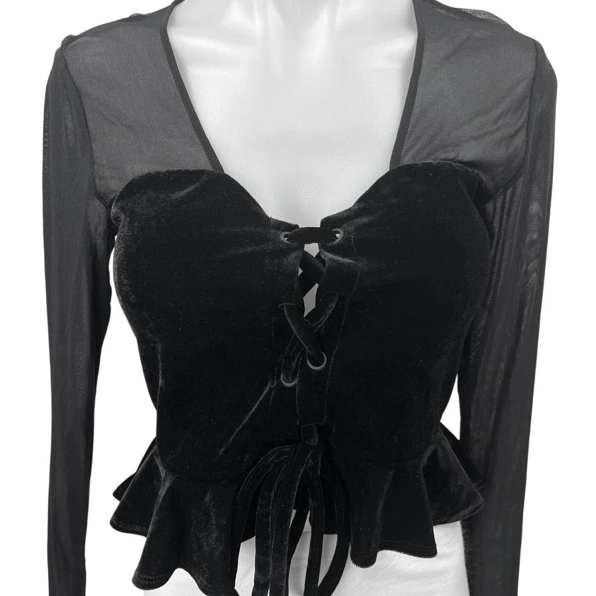 NBD Black Mesh Velour Velvet Long Sleeve Lace Up Crop Peplum Blouse Top Size S - Image 3