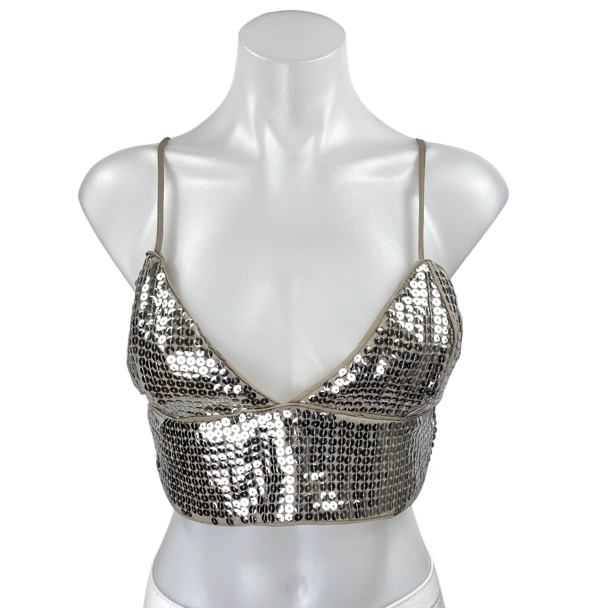 NBD Silver Beige Sequin Metallic Sleeveless Cami Camisole Tank Crop Top Size S