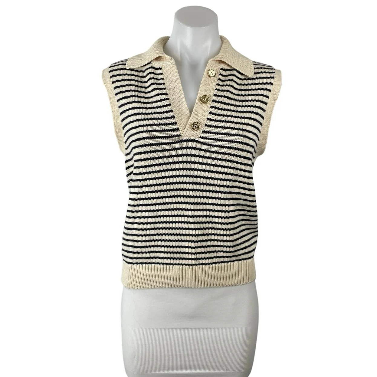 NetWork Women's Cream Black Striped Sleeveless Knit Polo Vest Sweater Top Size S