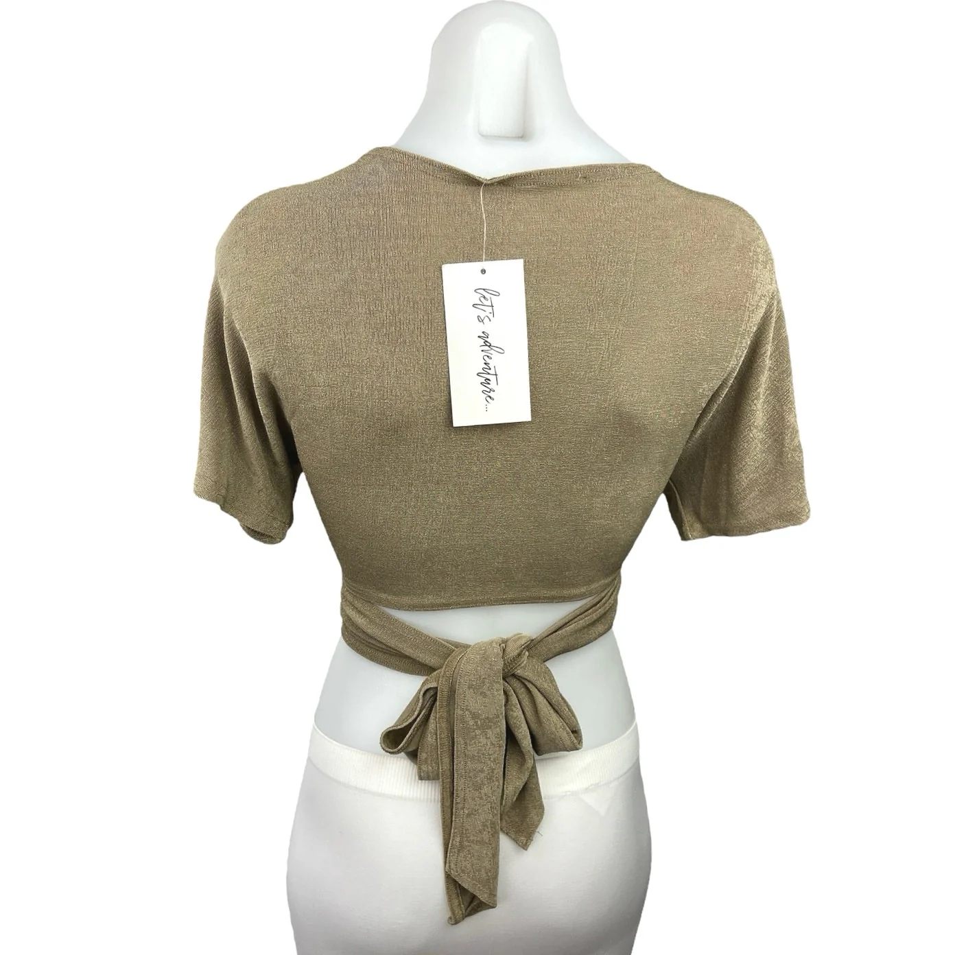 NEW 12th Tribe Tan Twist Front Plunging Neck Tie Waist Short Sleeve Crop Top S - Image 2