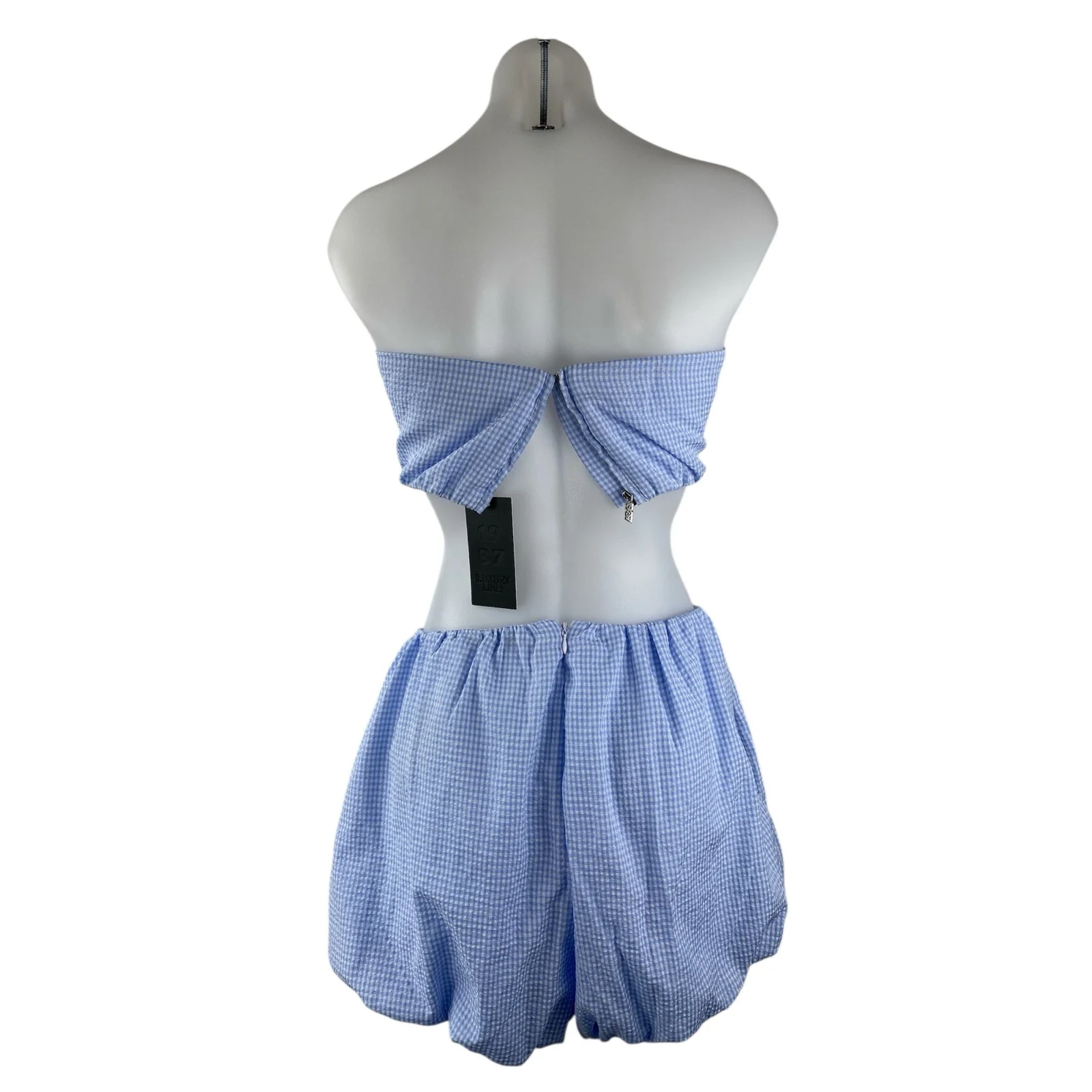 NEW 1987 Blue Gingham Check Strapless Tube Balloon Top Shorts 2 Piece Set Size S - Image 2