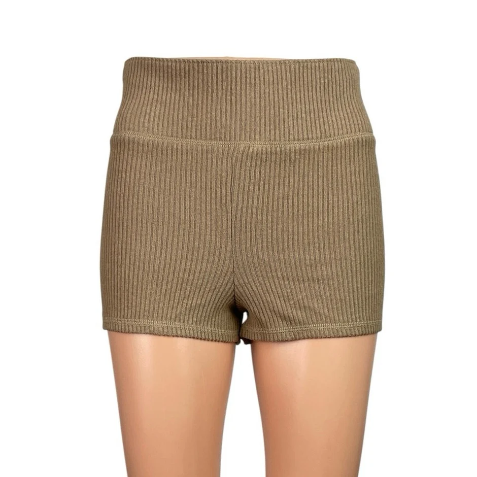 NEW Abercrombie & Fitch Tan Ribbed Knit High Rise Yoga Mini Biker Shorts Size S