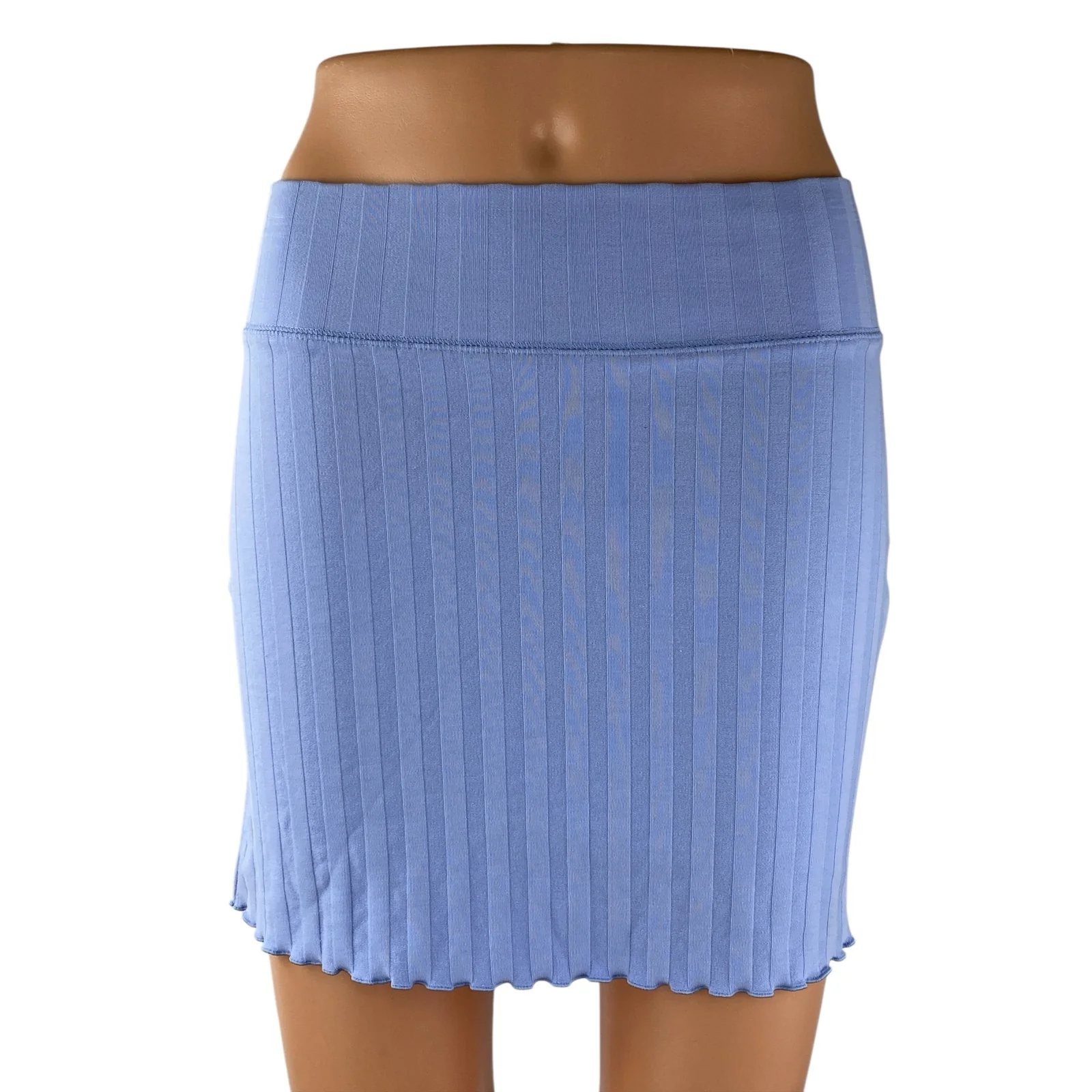 NEW Aerie OFFLINE Blue Ribbed Knit Lettuce Hem High Waist Mini Bodycon Skirt XS