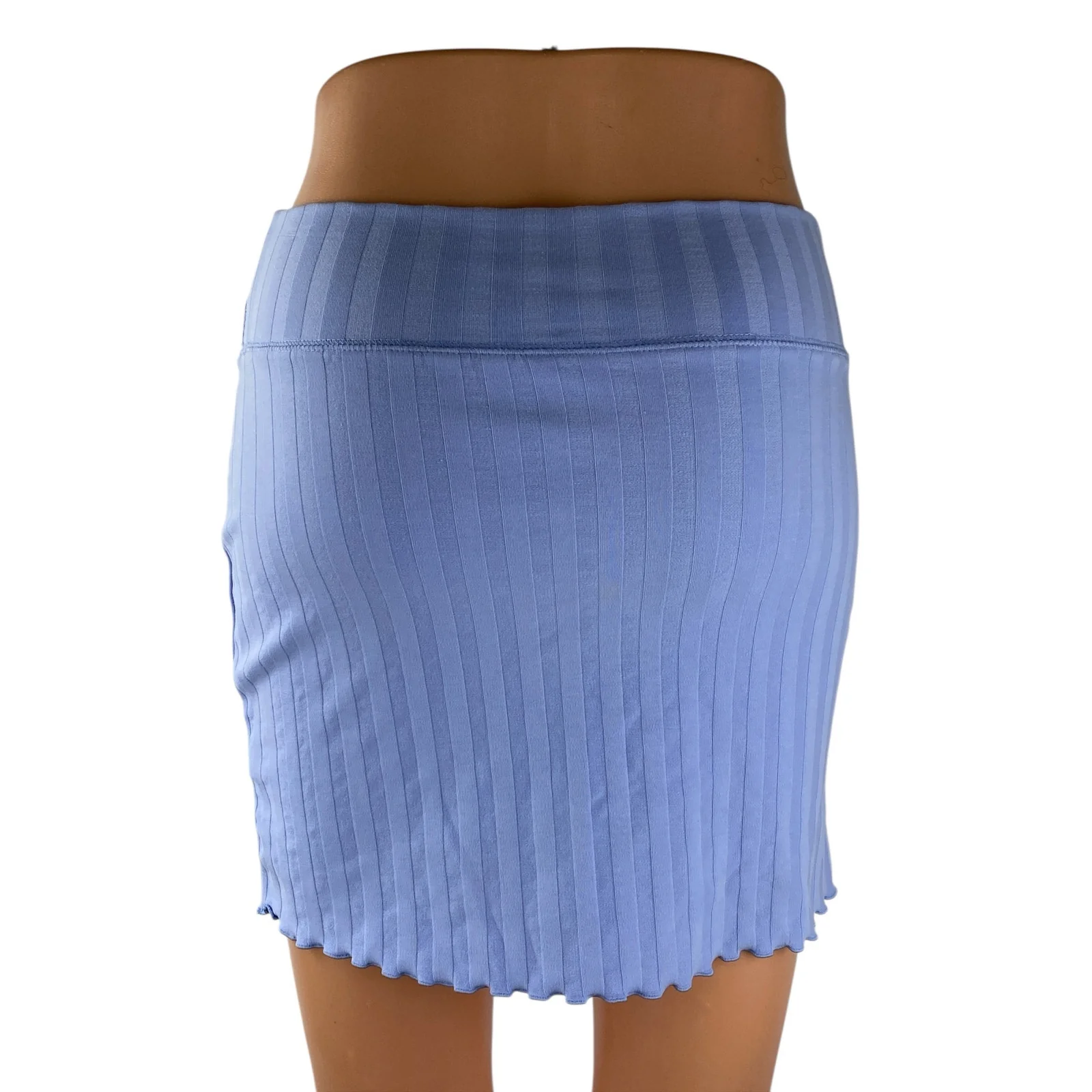 NEW Aerie OFFLINE Blue Ribbed Knit Lettuce Hem High Waist Mini Bodycon Skirt XS - Image 2