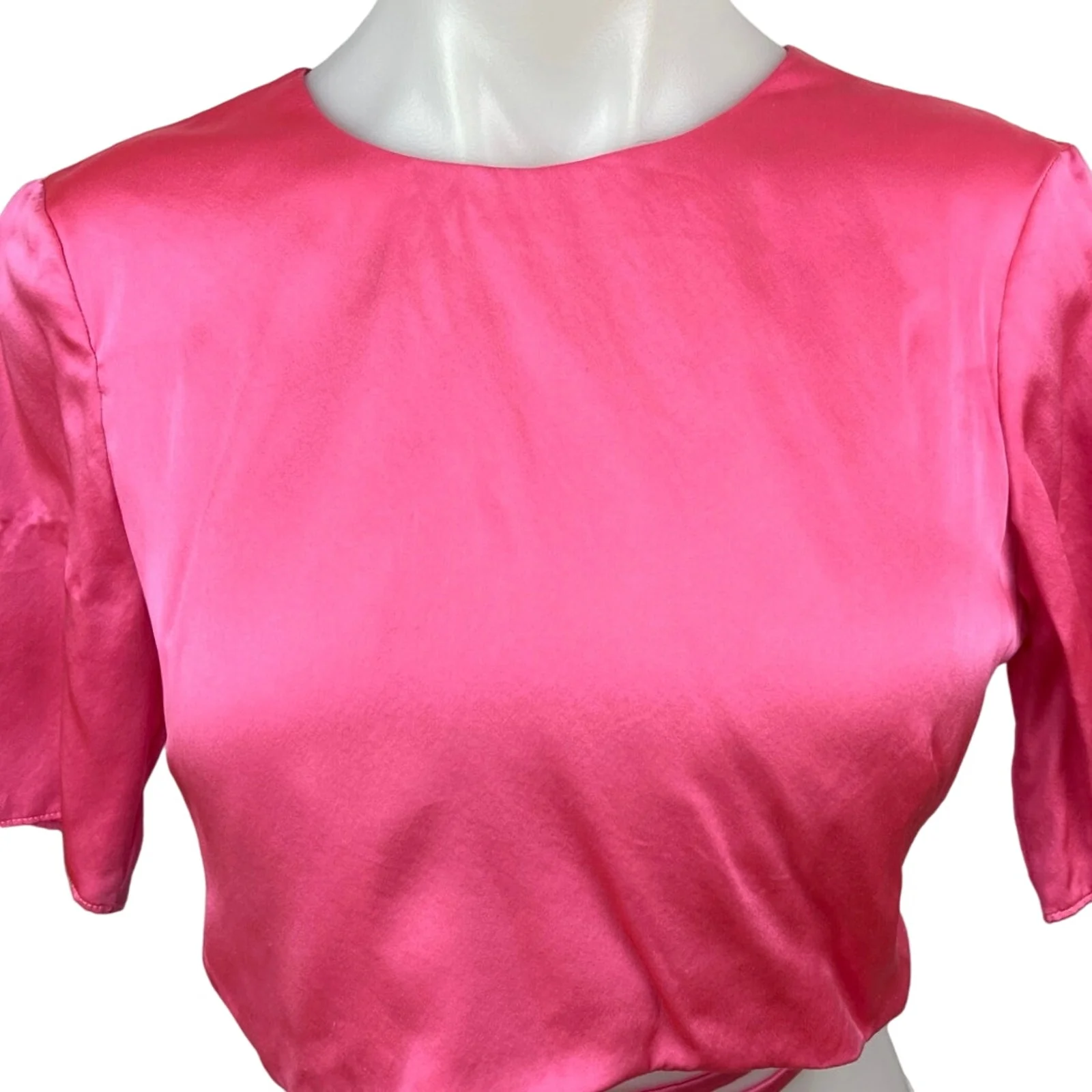 NEW Amanda Uprichard Andra Pink Ribbon 100% Silk Satin Short Sleeve Crop Top S - Image 3