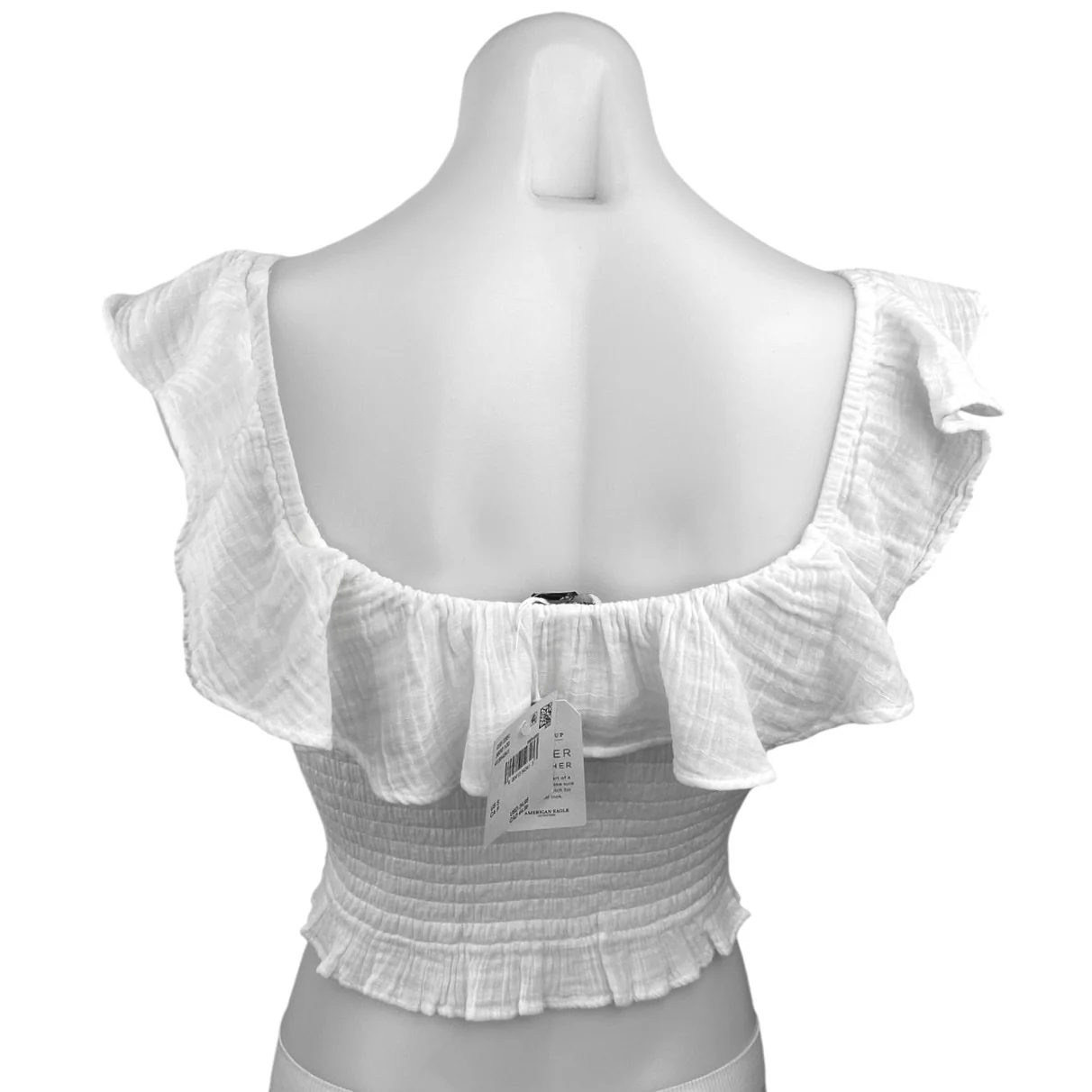 NEW American Eagle White Ruffle Stretch Boho Smocked Cropped Blouse Top Size S - Image 2