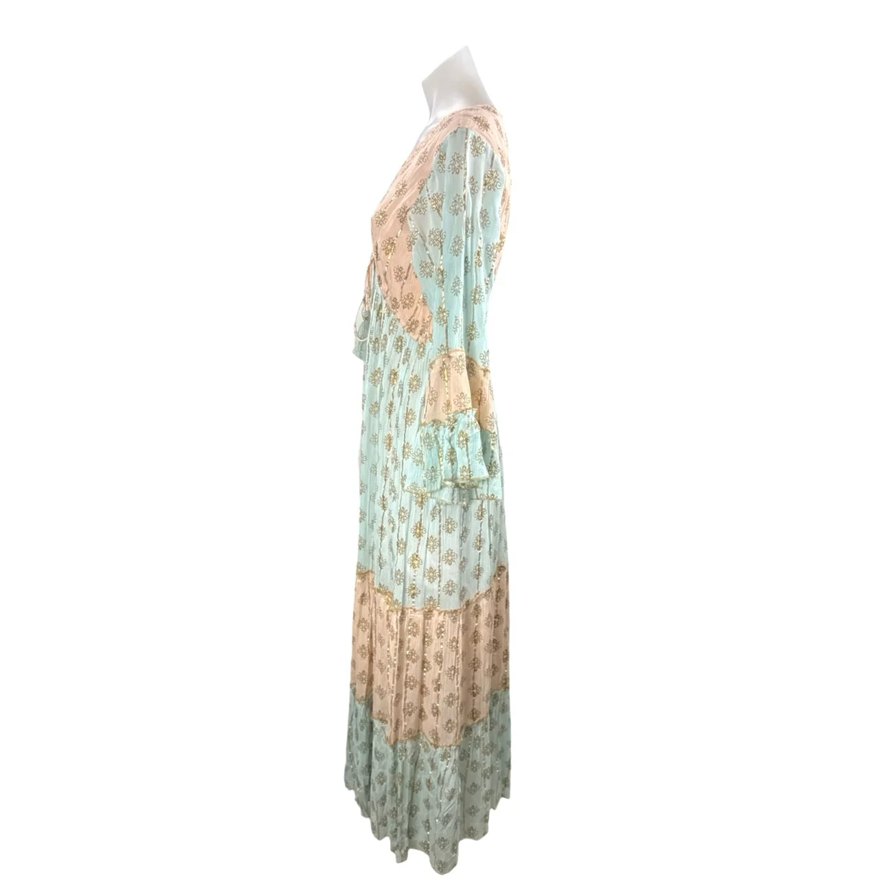 NEW Ananta Blue Long Sleeve Metallic Tapestry Colorblock A Line Maxi Dress L/XL - Image 2