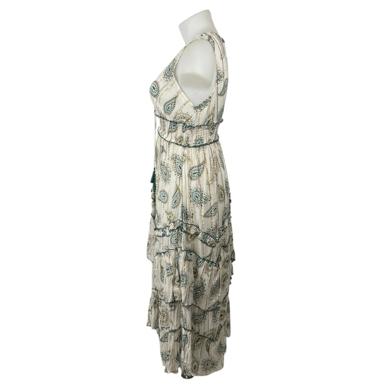 NEW Ananta Green  Paisley Lace Tiered Ruffle Maxi Tank Flare A-Line Dress L/XL - Image 3