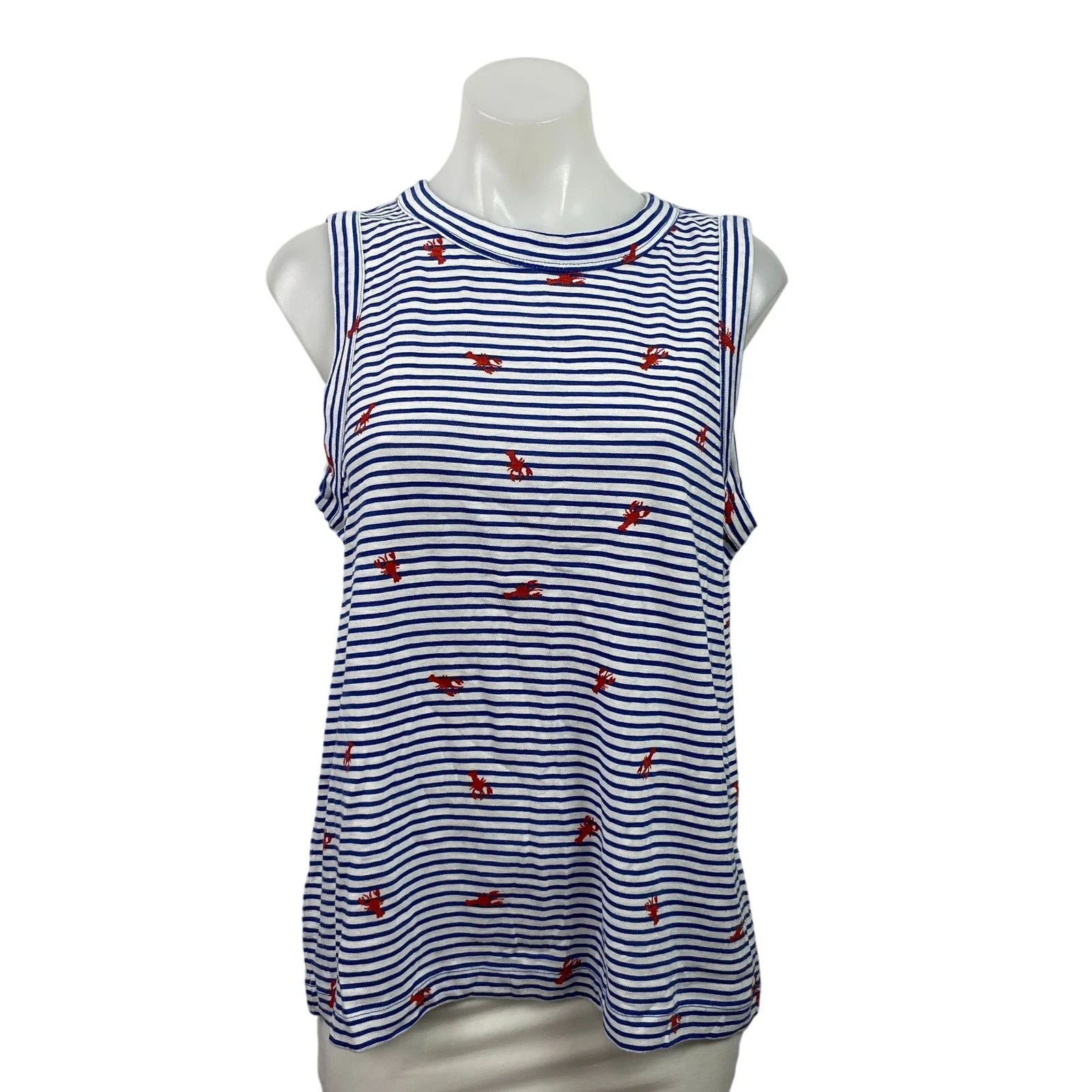 NEW Ann Taylor LOFT Blue Striped Lobster Print Sleeveless Blouse Tank Top Size L