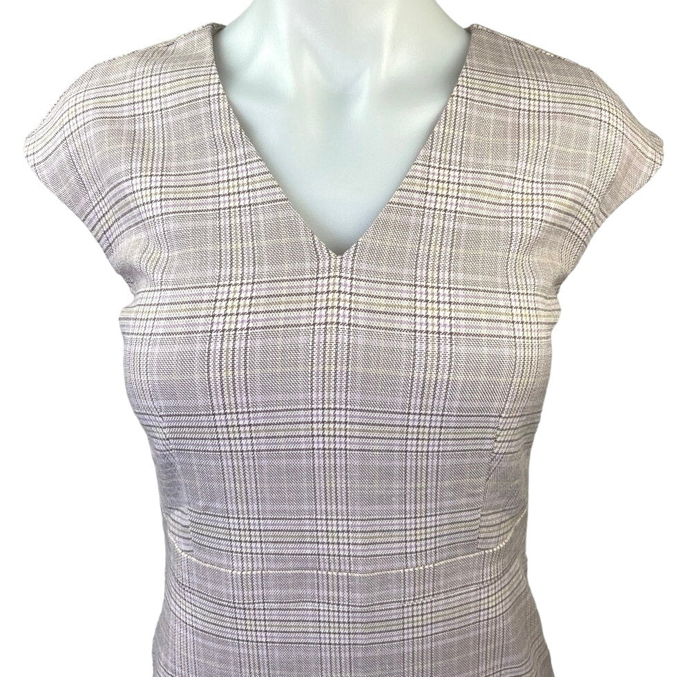 NEW Ann Taylor Pink Plaid V-Neck Cap Sleeve Career Sheath Mini Pencil Dress Sz 0 - Image 3