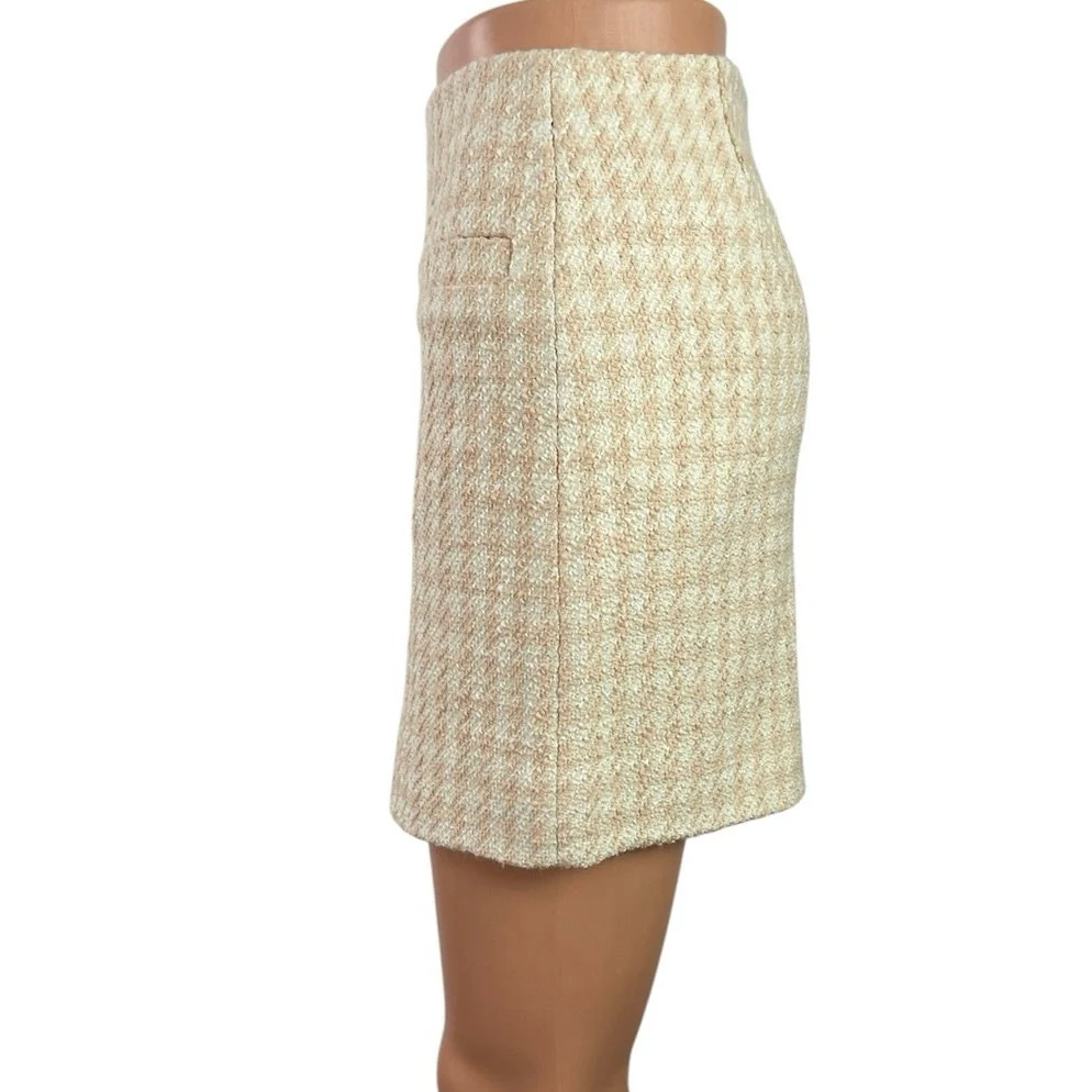 NEW Annie Bing Vanessa Cream Coral Wool Houndstooth Mini Pencil Skirt Size 30 - Image 2