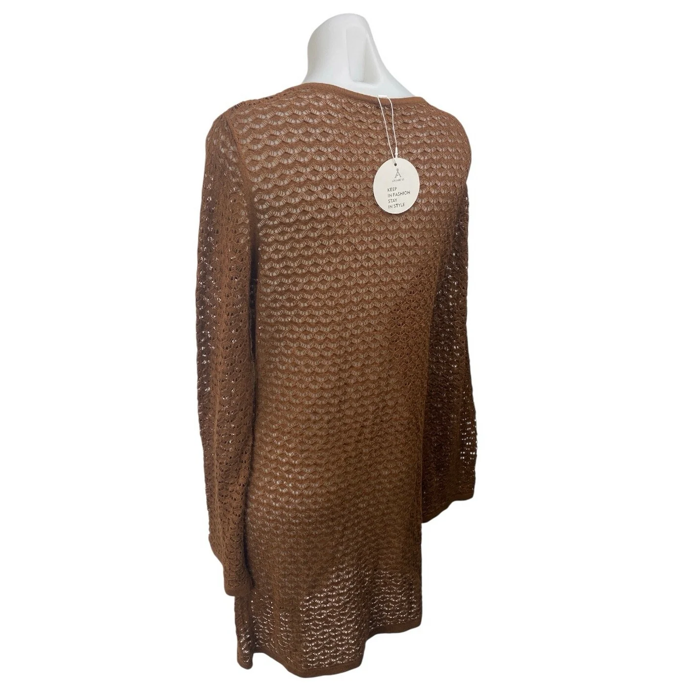 NEW Anrabess Brown Long Sleeve Open Knit Keyhole Beach Cover Up Dress Size S - Image 2