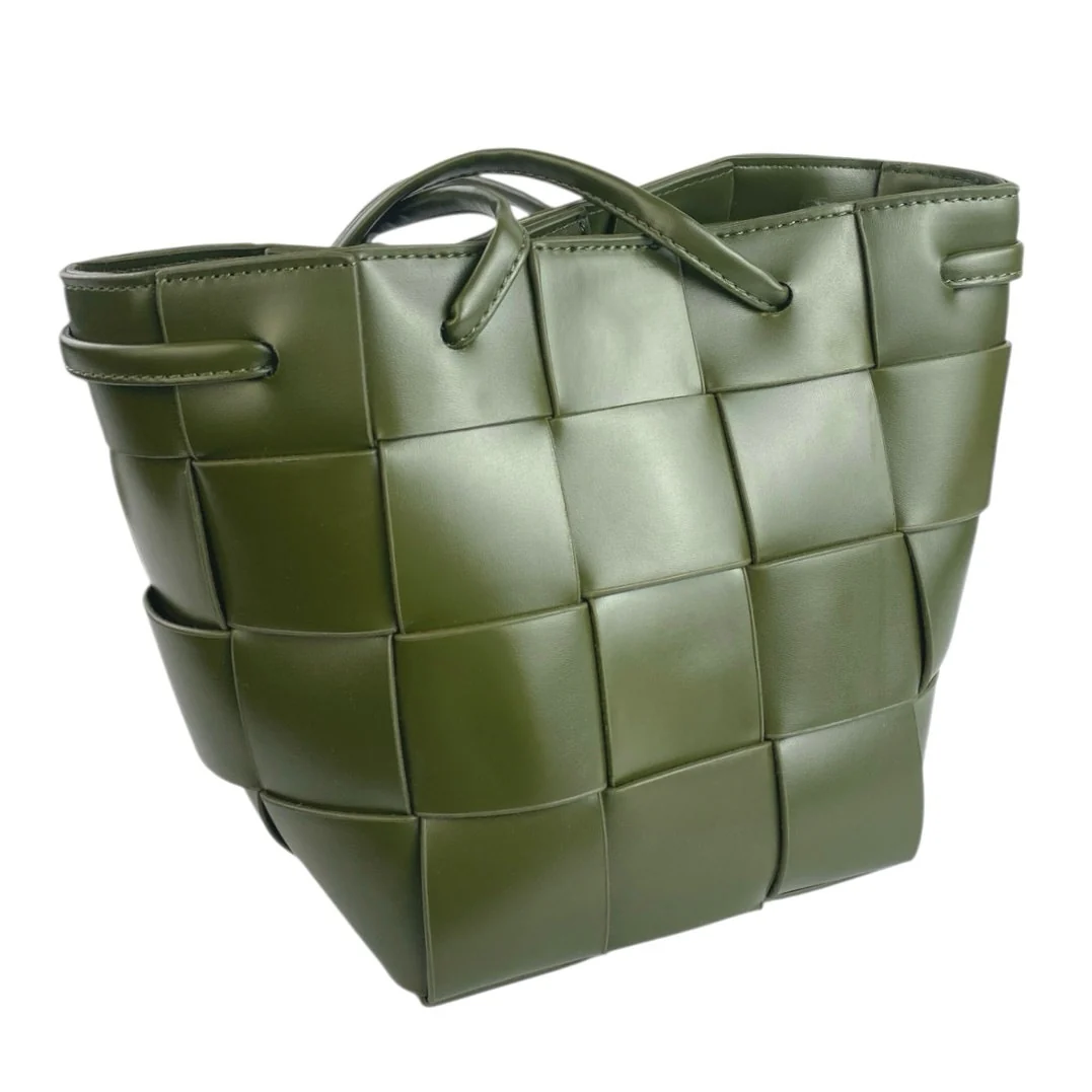 NEW Anthropologie Women's Green Woven Faux Vegan Leather Crossbody Bucket Bag - Image 2