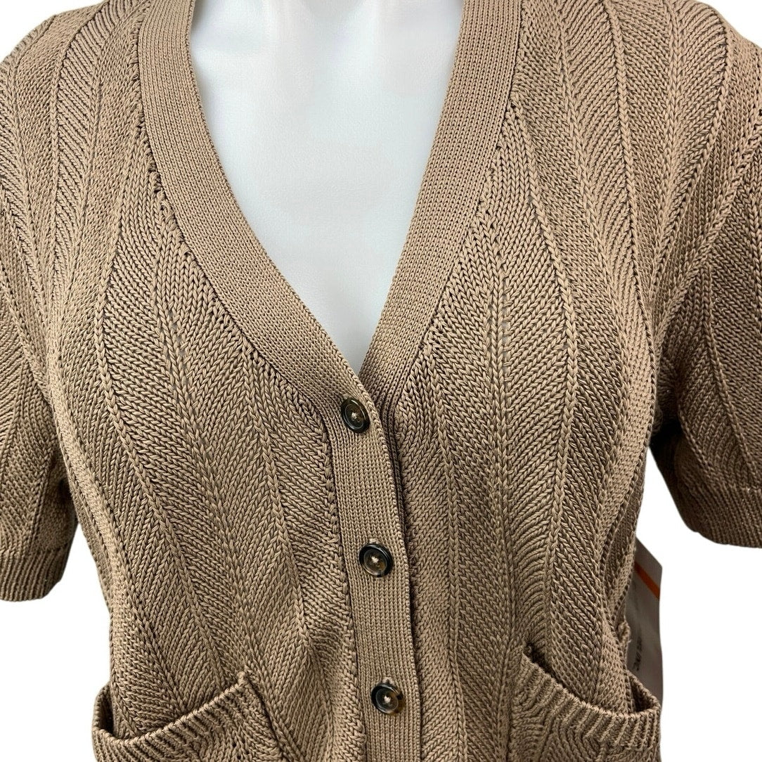 NEW Argent Brown Cable Knit V-neck Button Up Short Sleeve Pockets Sweater Top S - Image 3