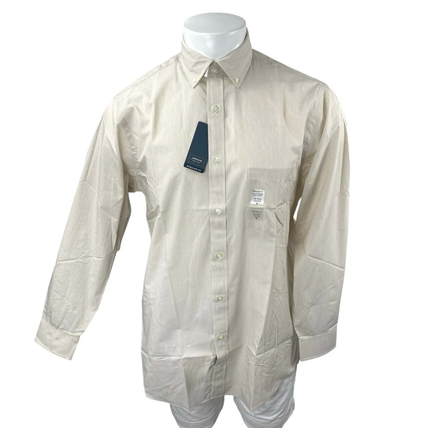 NEW Arrow Men's Beige Striped Long Sleeve Button Down Dress Shirt Top Size 15