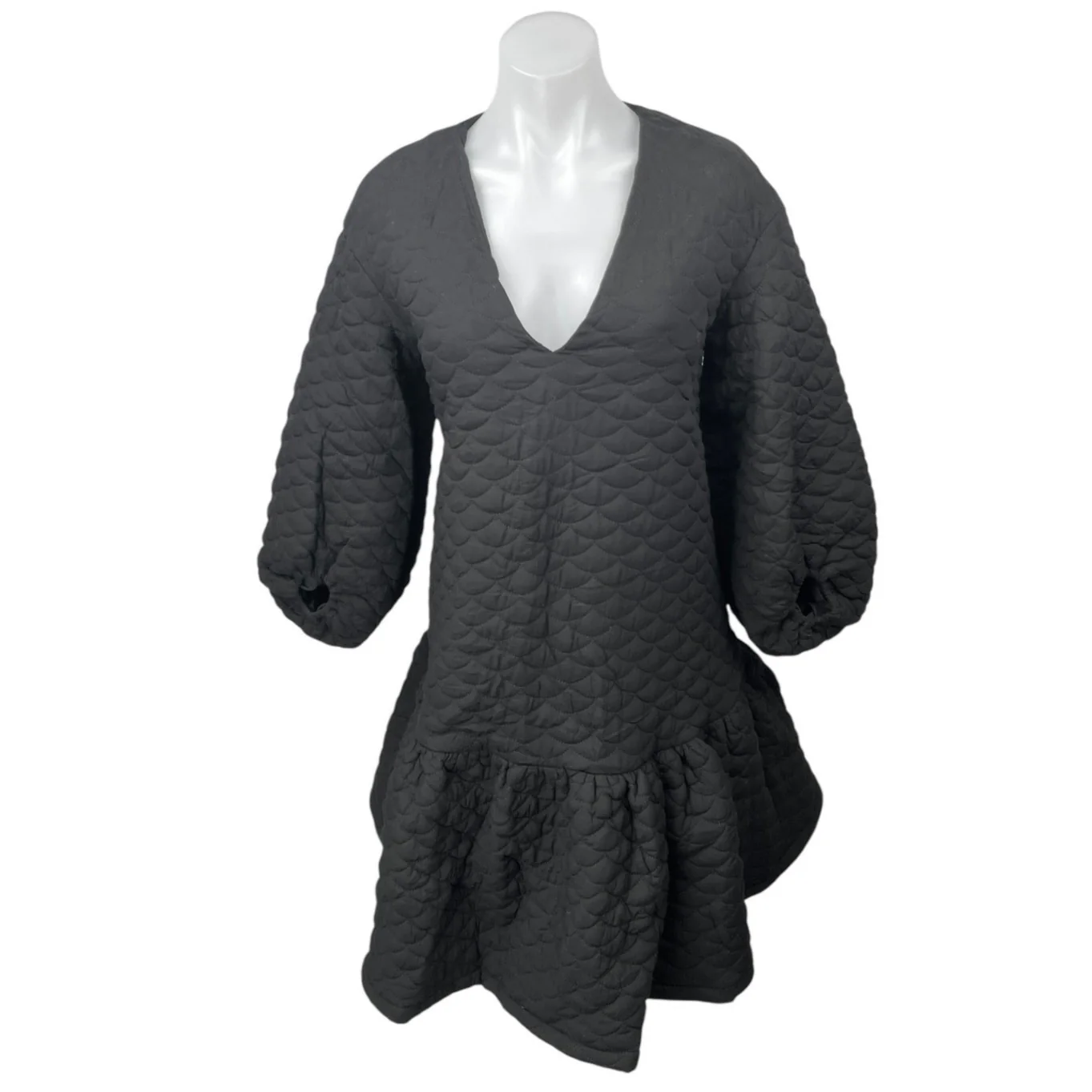 NEW ASOS Black Quilted Plunge Neck Balloon Sleeve Tiered Ruffle Hem Dress Size 2