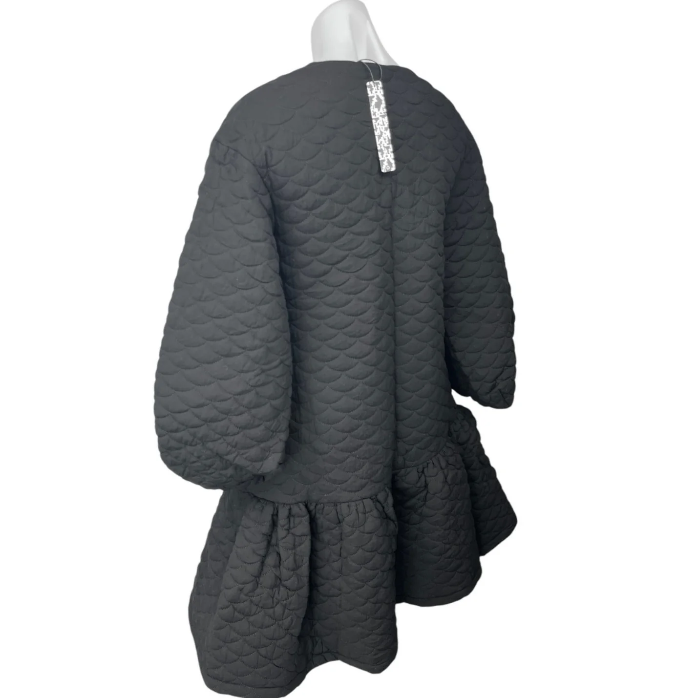 NEW ASOS Black Quilted Plunge Neck Balloon Sleeve Tiered Ruffle Hem Dress Size 2 - Image 2