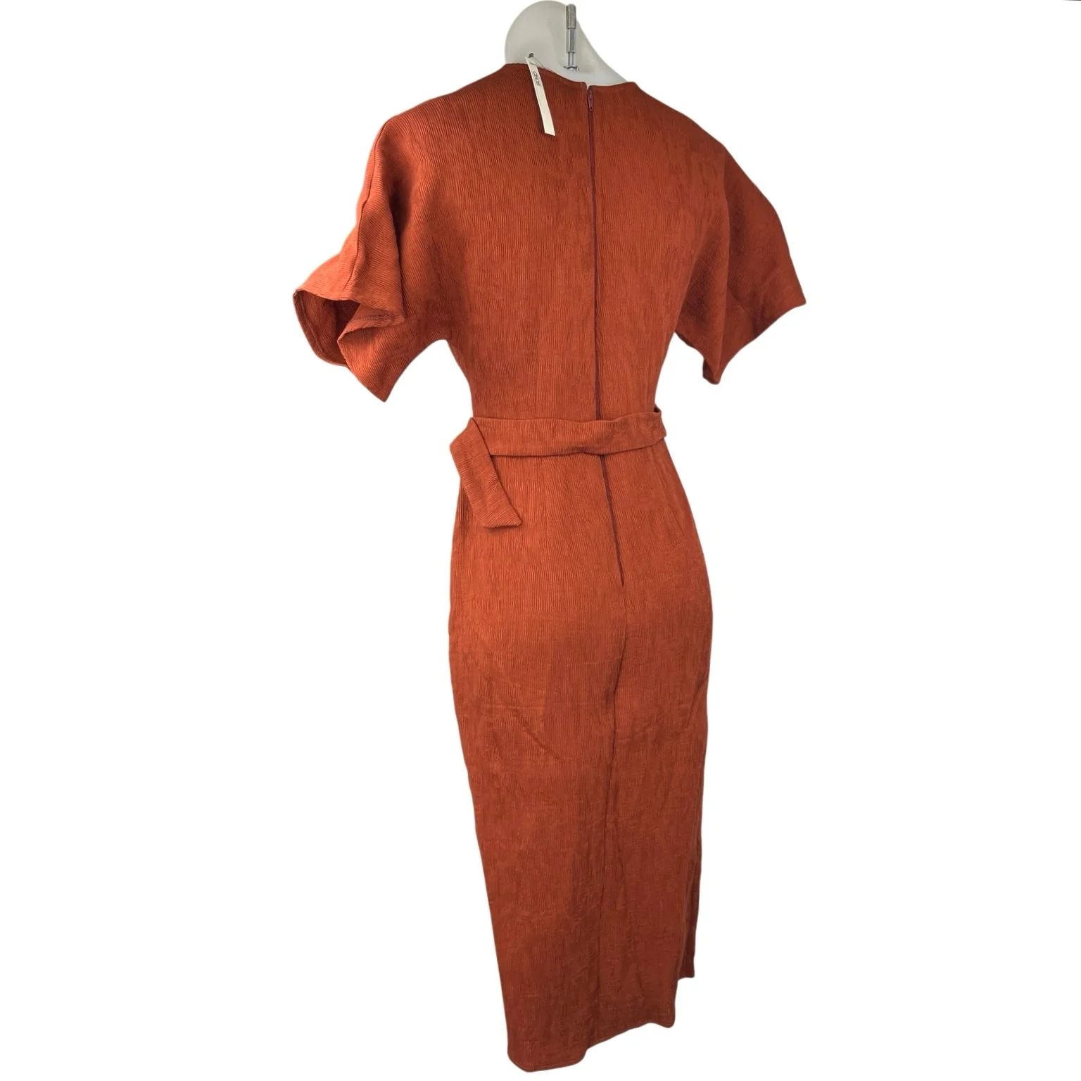 NEW ASOS Brown V-neck Short Sleeve Belted Knee Length Midi Pencil Sheath Dress 0 - Image 3