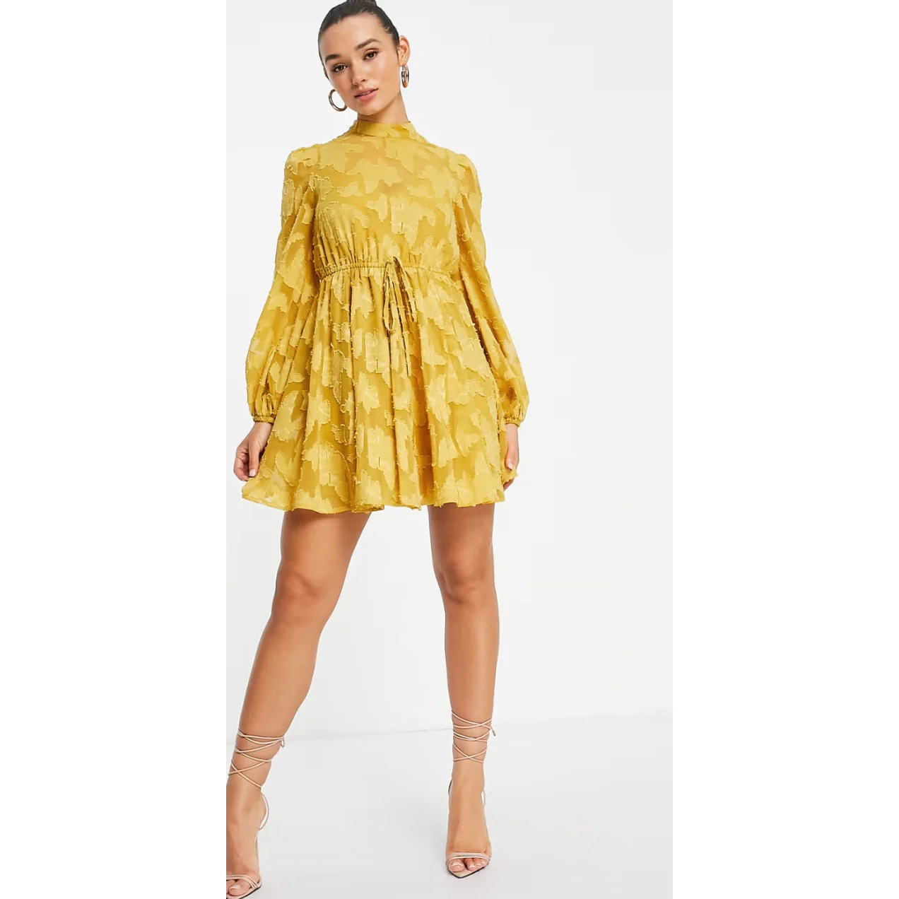NEW Asos Mustard Yellow High Neck Long Puff Sleeve Fit & Flare Mini Dress Size 6 - Image 6