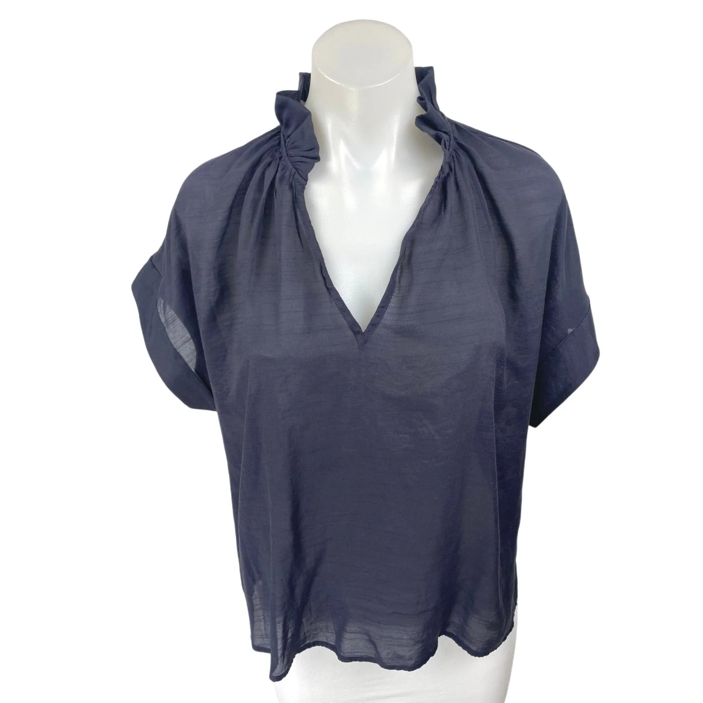 NEW Banana Republic Navy Blue Short Sleeve Ruffle V Neck Blouse Top Size XS