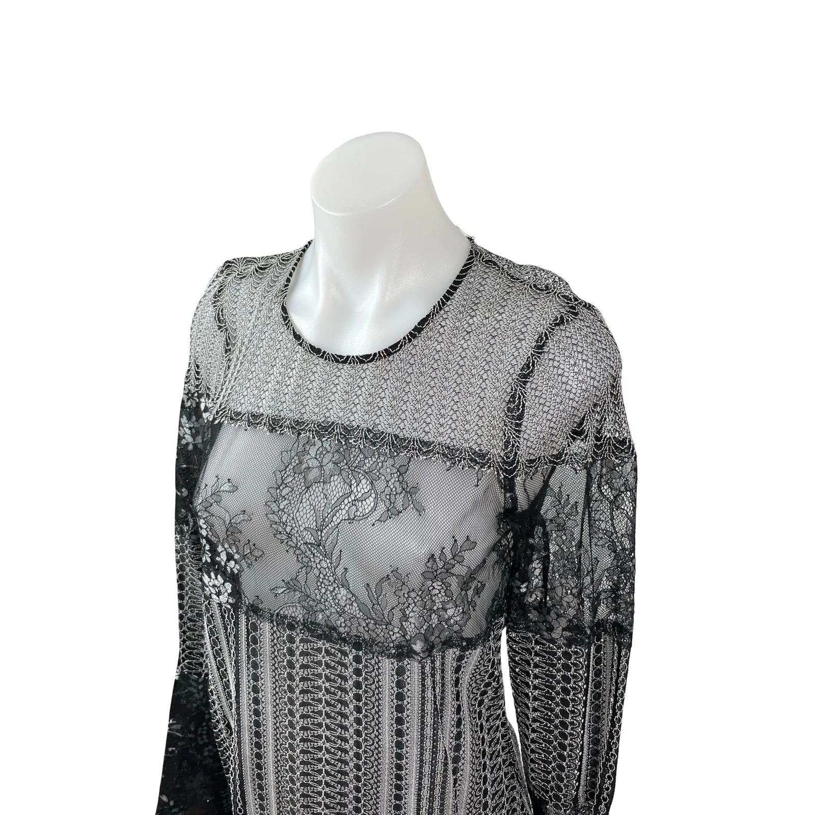NEW BCBGMAXAZRIA Black Metallic Lace Long Bell Sleeve Maxi Shift Dress Size XXS - Image 3