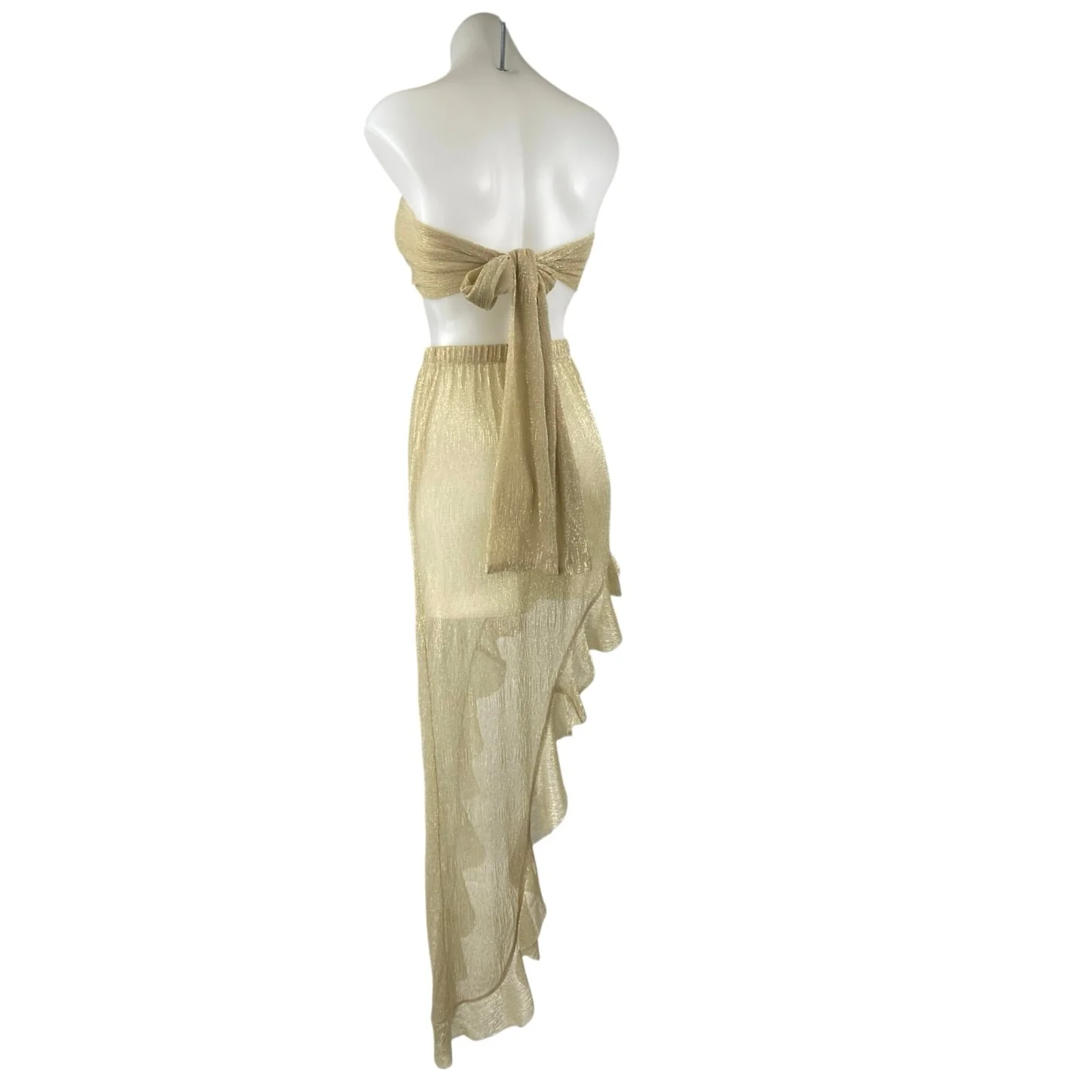 NEW Beach City Gold Metallic Ruffle Assymetric Skirt & Bandeau Tube Top Set Sz S - Image 3