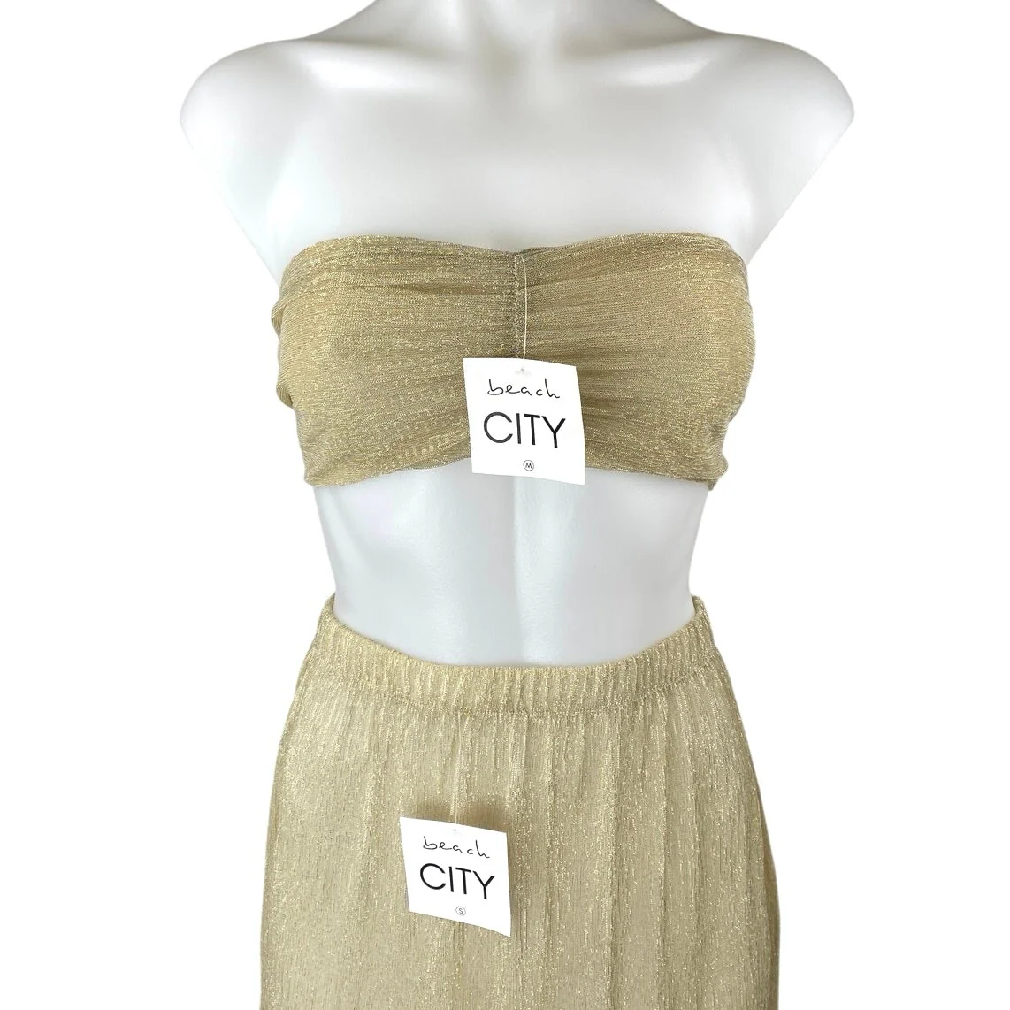 NEW Beach City Gold Metallic Ruffle Assymetric Skirt & Bandeau Tube Top Set Sz S - Image 4