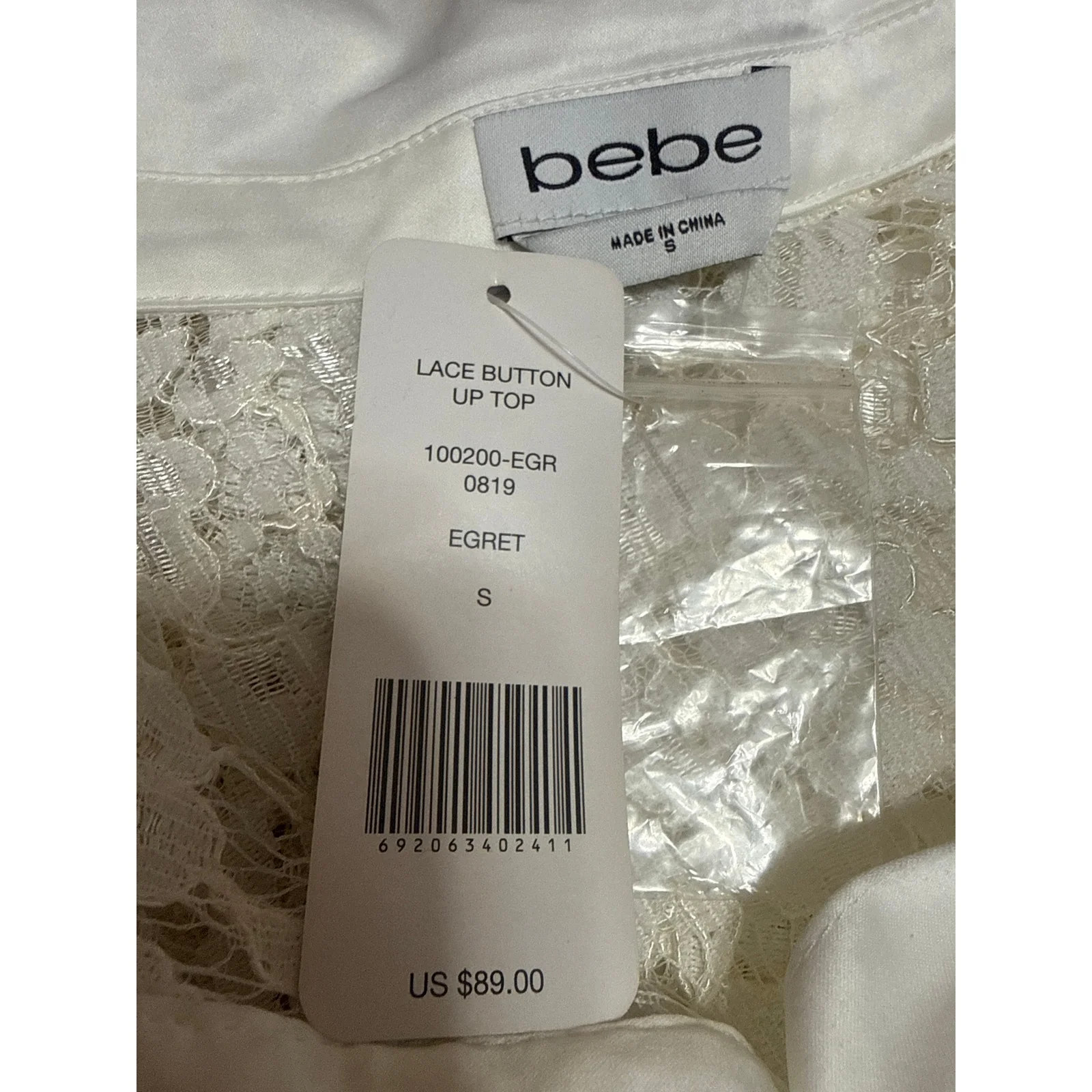 NEW Bebe White Floral Lace Collared Long Sleeve Button Down Shirt Blouse Top S - Image 6