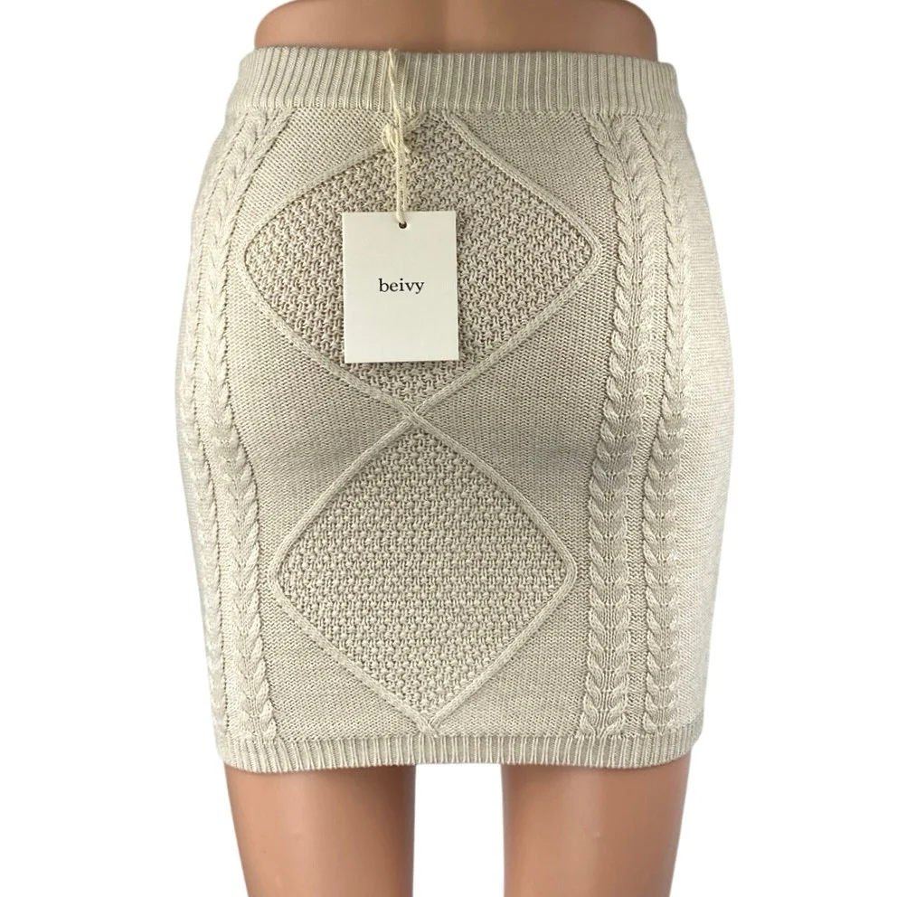 NEW Beivy Beige Tan Cable Knit Wool Pull On Fitted Sculpt Pencil Mini Skirt Sz S - Image 3