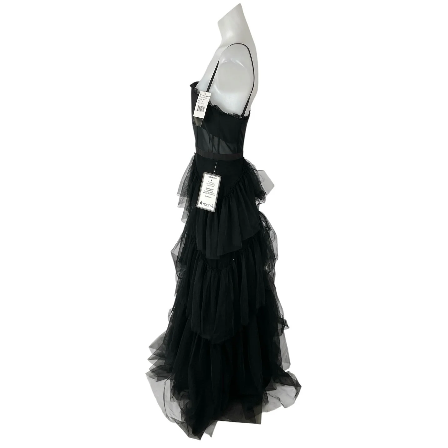 NEW Betsy & Adam Black Sleeveless Sheer Ruffle Tiered Prom Maxi Dress Gown 4 - Image 2