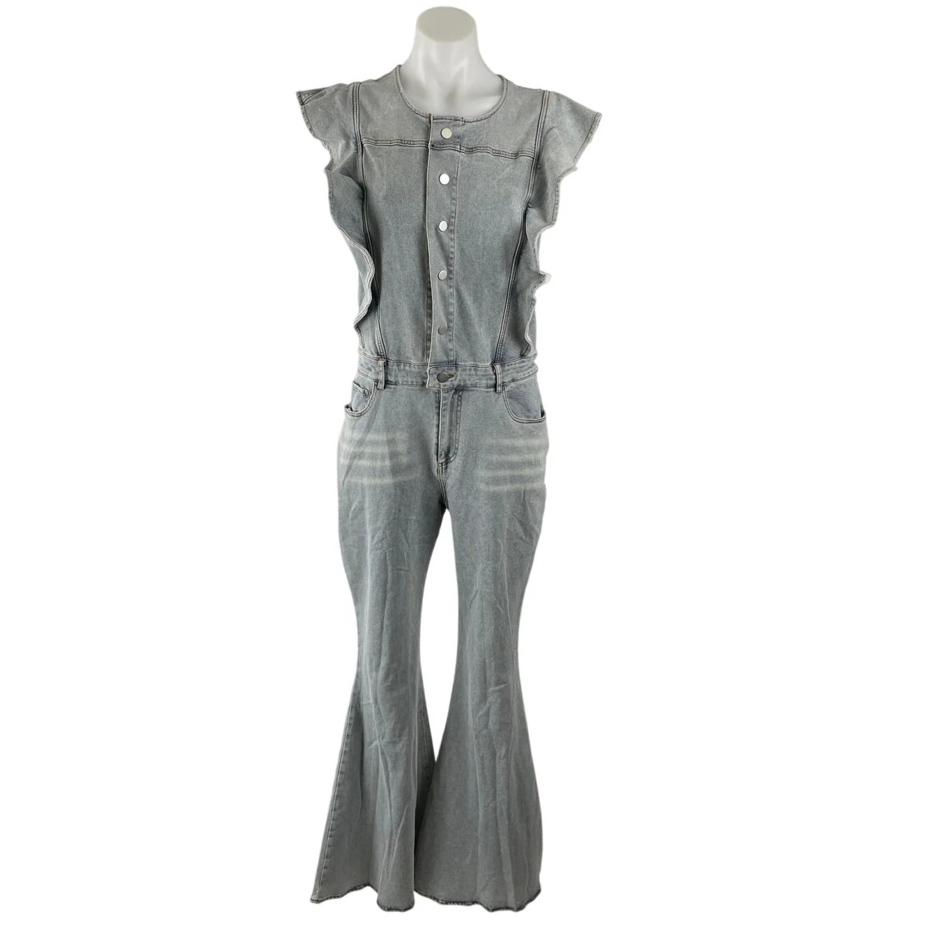 NEW Blue B Retro Ruffle Sleeve Bell Bottom Button Up Denim Jumpsuit Romper Sz L