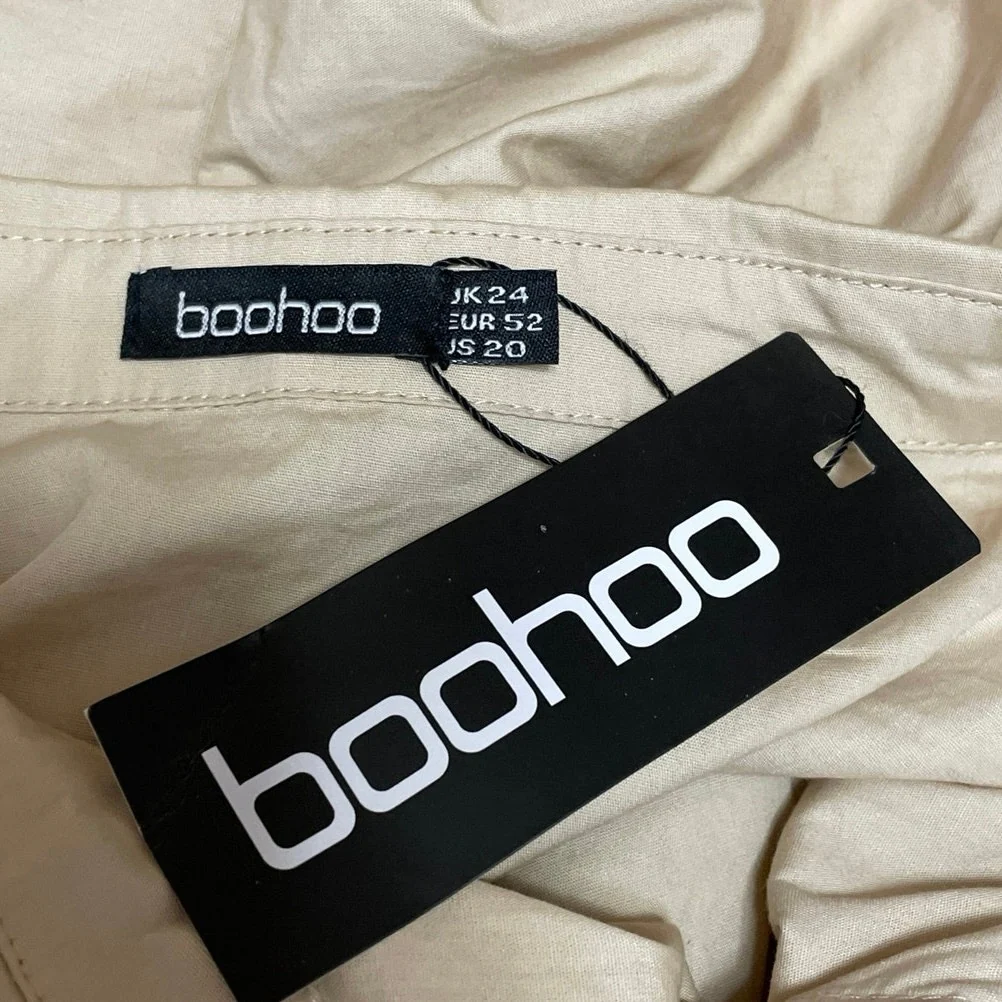 NEW Boohoo Cream Long Baloon Sleeve Pleated Mini Button Down Shirt Dress Size 20 - Image 4