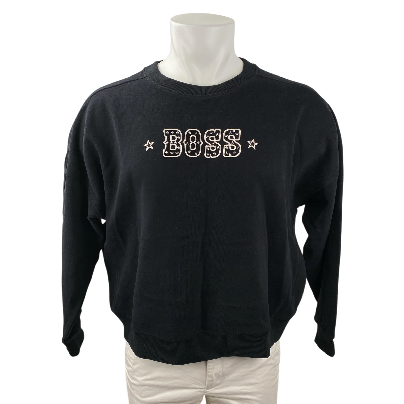 NEW Boss Men's Black Embroidered Logo Crewneck Long Sleeve Sweater Sweatshirt S