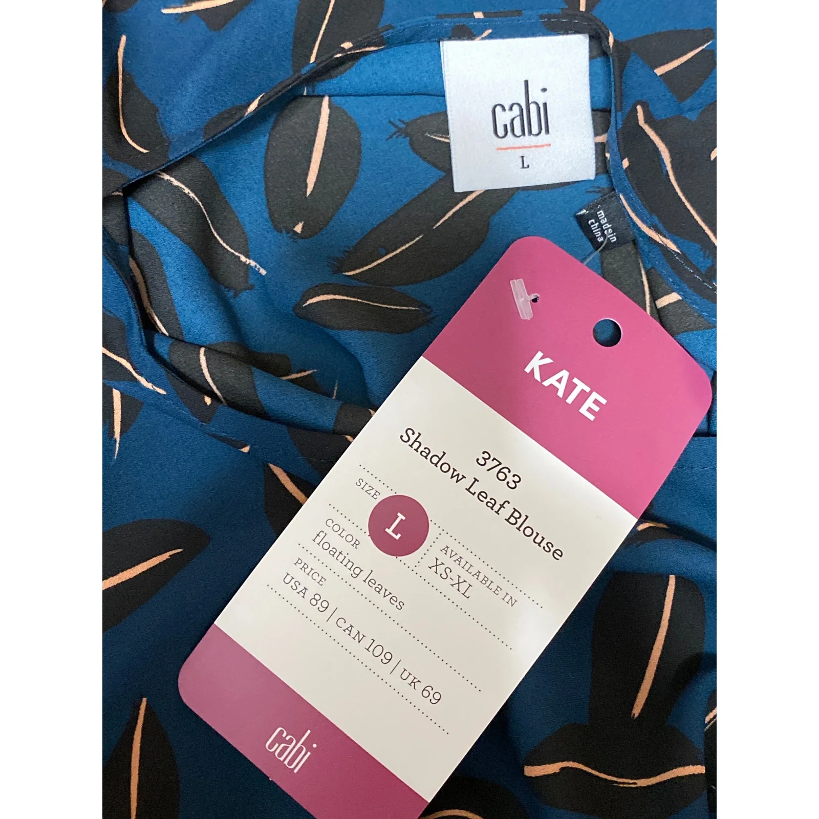 NEW Cabi Kate Shadow Leaf Women's Teal Blue V Neck Long Bell Sleeve Blouse Top L - Image 5