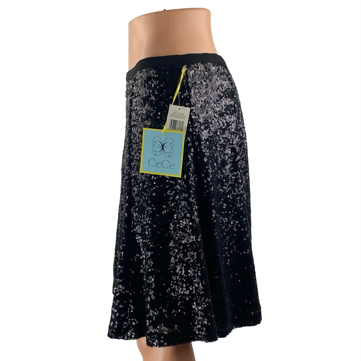 NEW Cece Champagne Soiree Rich Black Sequin Elastic Waist A Line Mini Skirt Sz 6 - Image 3