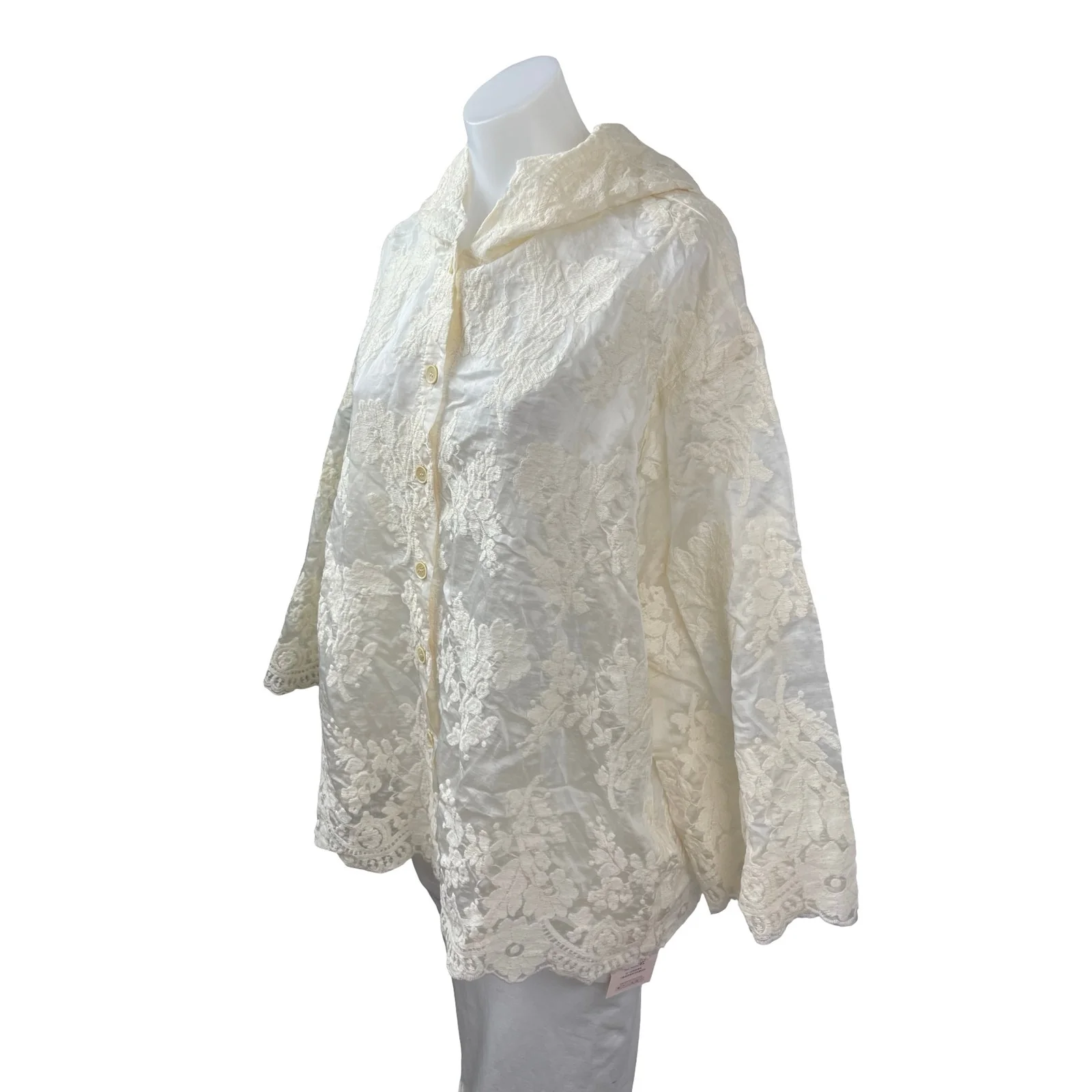 NEW Chenopod Ivory Floral Lace Hooded Long Sleeve Button Down Poncho Cape Top M - Image 3