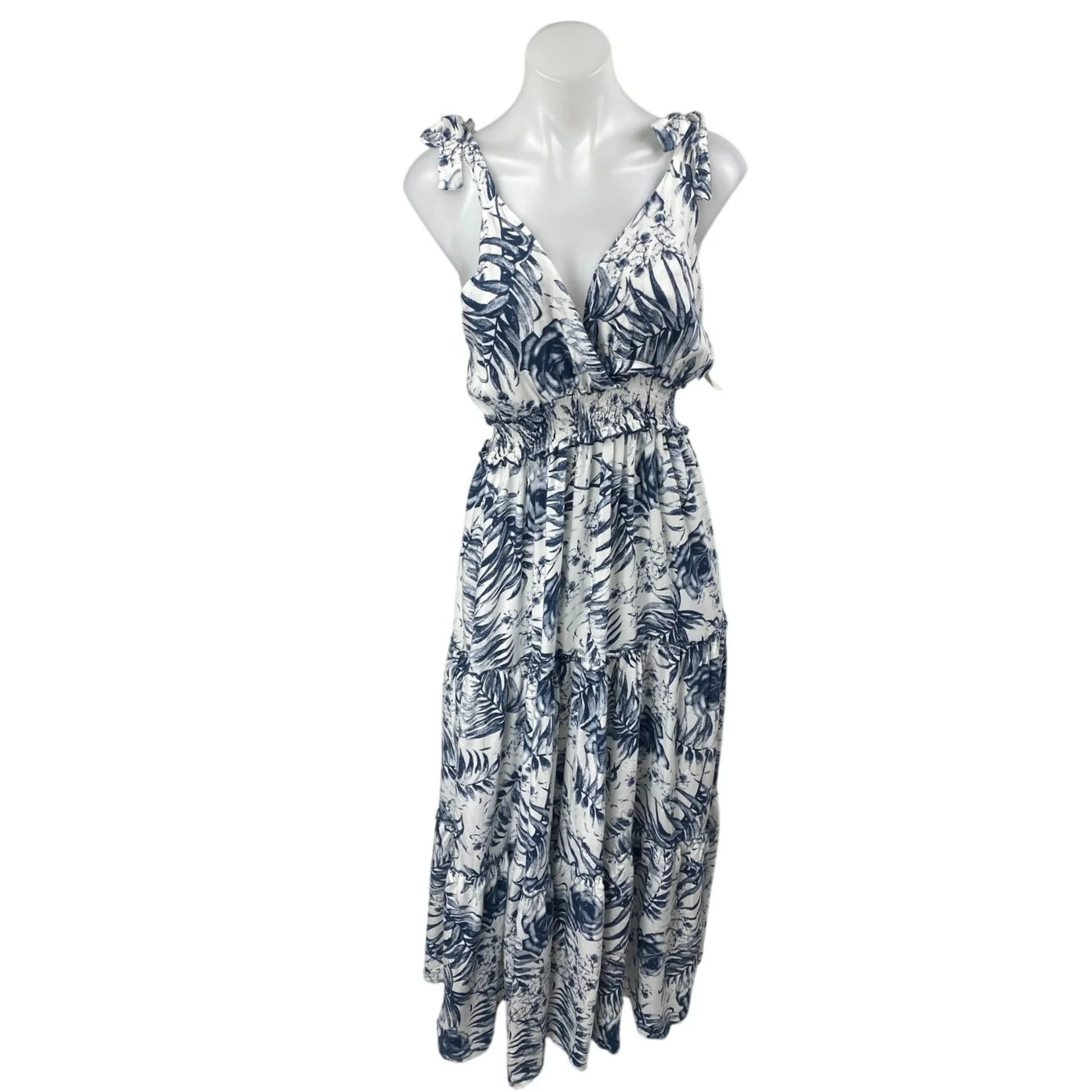 NEW Classic Jeans White Floral Pleated Sleeveless V Neck Smocked A-Line Dress XL