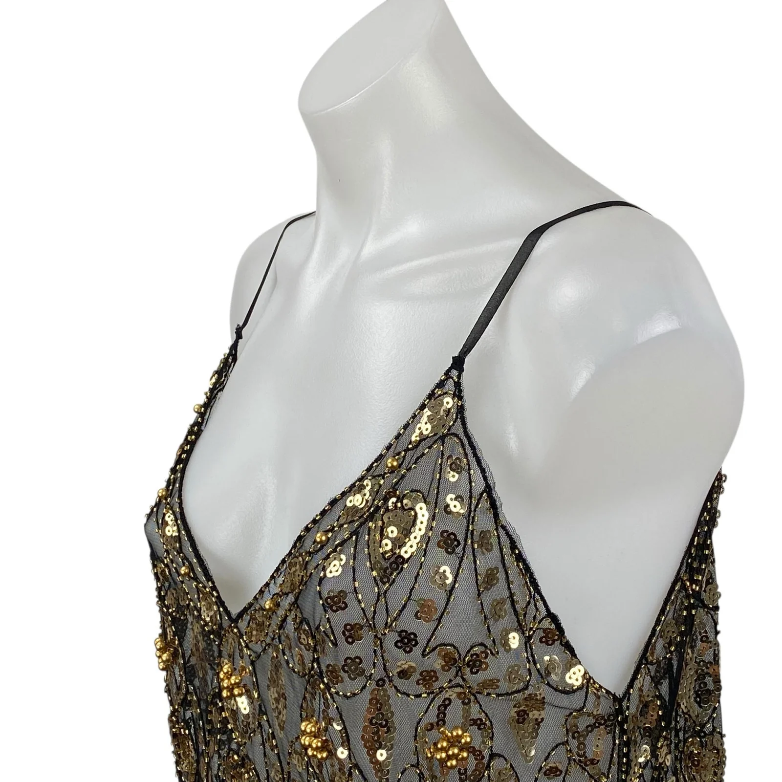 NEW Edyisa Cristina Embellished Women's Gold Sequin Sheer Mesh Cami Tank Top S/M - Image 2