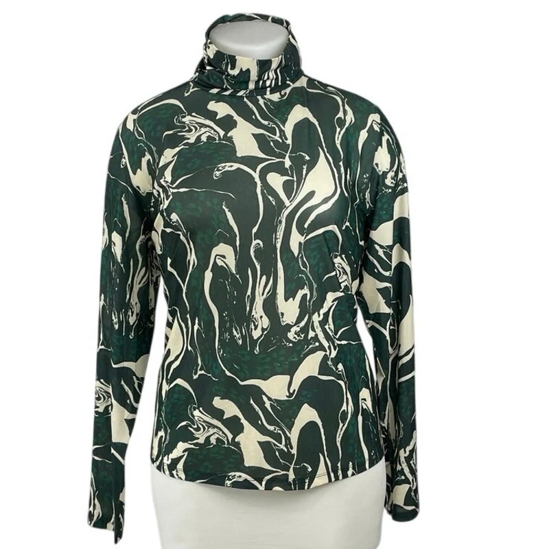 NEW Eloqui Green Marble Abstract Turtle Neck Long Sleeve Tee T-Shirt Top 22/24