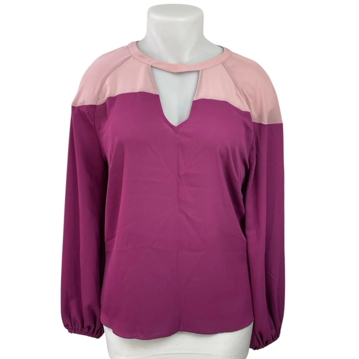 NEW Eloqui Women's Color Block Cut Out Choker V Neck Long Sleeve Blouse Top 18