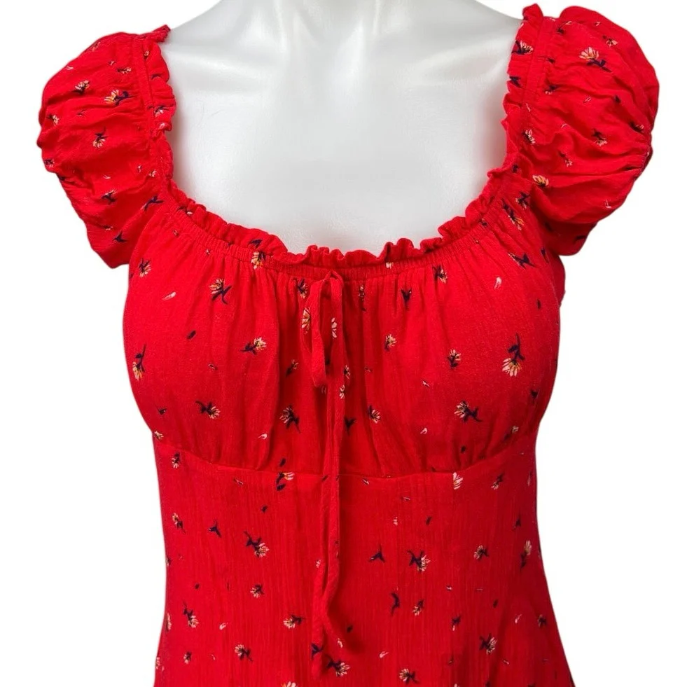 NEW En Creme Red Floral Ruffle Short Sleeve Empire Waist Mini Sheath Dress Sz S - Image 3