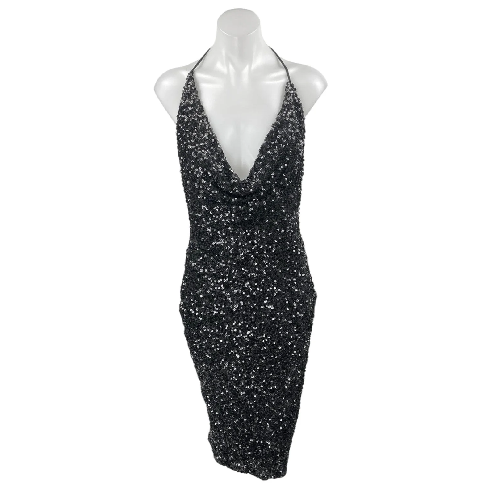 NEW Fashion Nova Black Sequin Halter Plunge Sleeveless Slit Sheath Mini Dress S