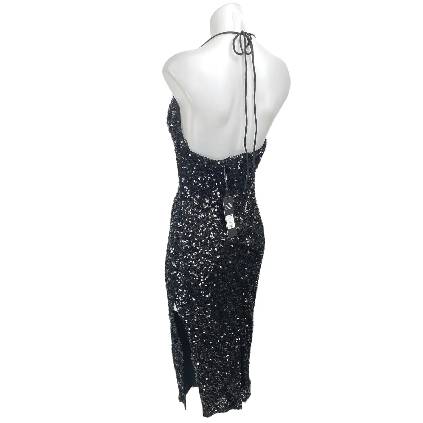 NEW Fashion Nova Black Sequin Halter Plunge Sleeveless Slit Sheath Mini Dress S - Image 2